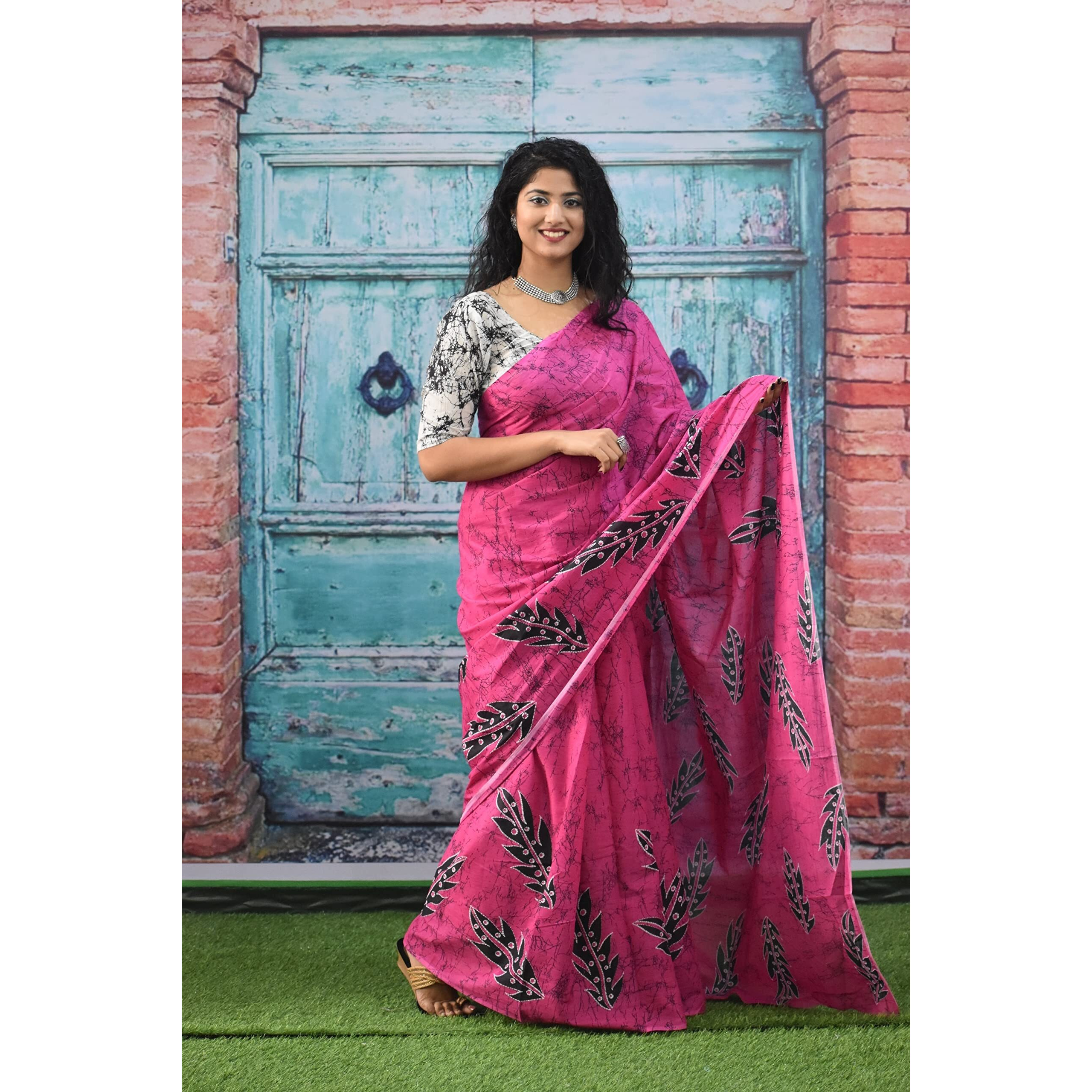 JALTHER Handicrafts Womens Ikat Hand Block Print Jaipuri Cotton Mulmul Saree with Blouse Piece -Pink