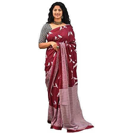 JALTHER Handicrafts Womens Ikat Hand Block Print Jaipuri Cotton Mulmul Saree with Blouse Piece Maroon