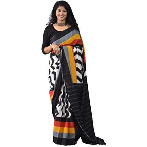 JALTHER Handicrafts Womens Ikat Hand Block Print Jaipuri Cotton Mulmul Saree with Blouse Piece - Multi