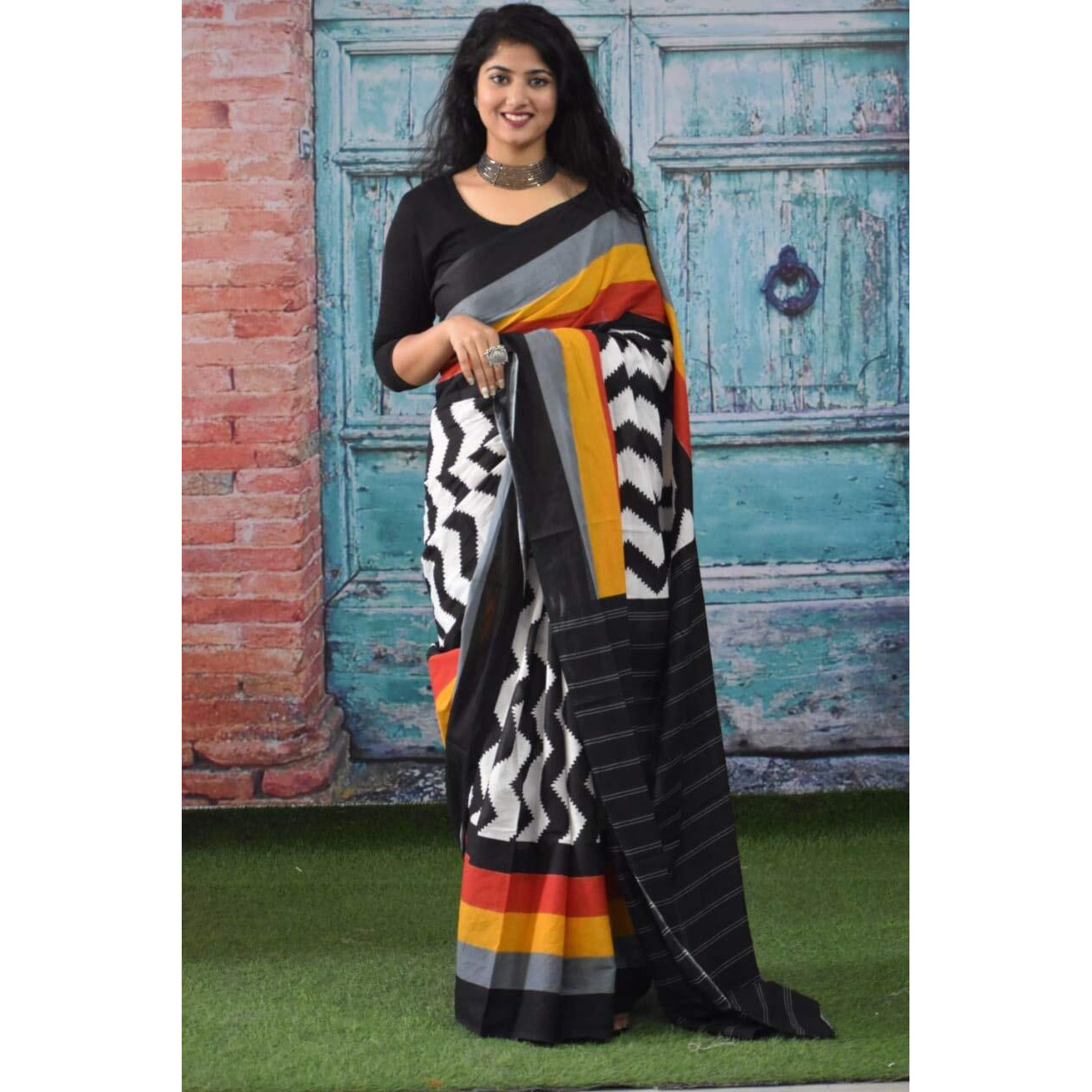 JALTHER Handicrafts Womens Ikat Hand Block Print Jaipuri Cotton Mulmul Saree with Blouse Piece - Multi
