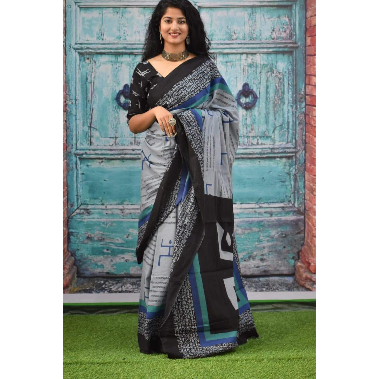 Jaither Womens Ikat Cotton Saree With Blouse Piece (saree_161_grey)