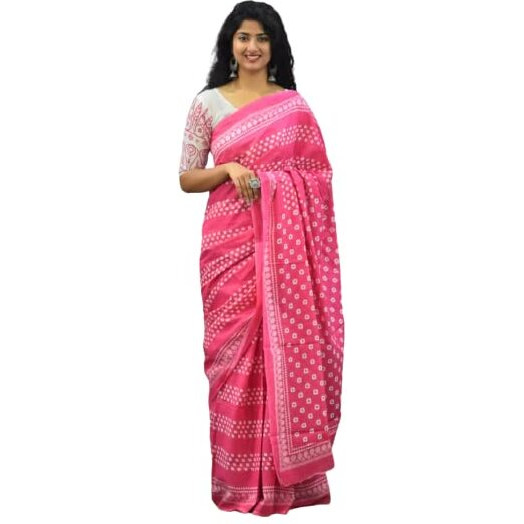 JALTHER Womens Ikat Hand Block Print Jaipuri Cotton Mulmul Saree with Blouse Piece Maroon
