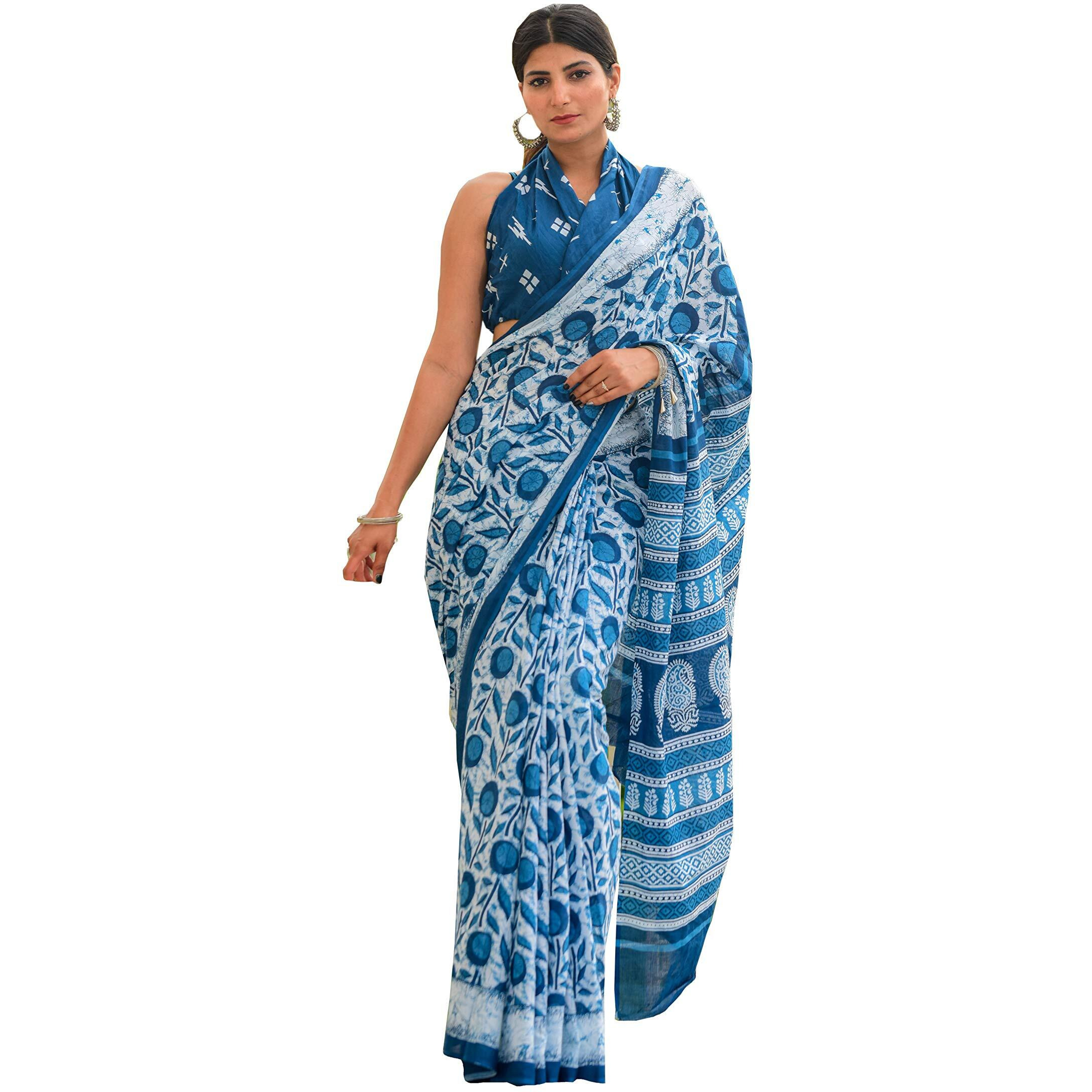 JALTHER Handicrafts Womens Ikat Hand Block Print Jaipuri Cotton Mulmul Saree with Blouse Piece - Blue