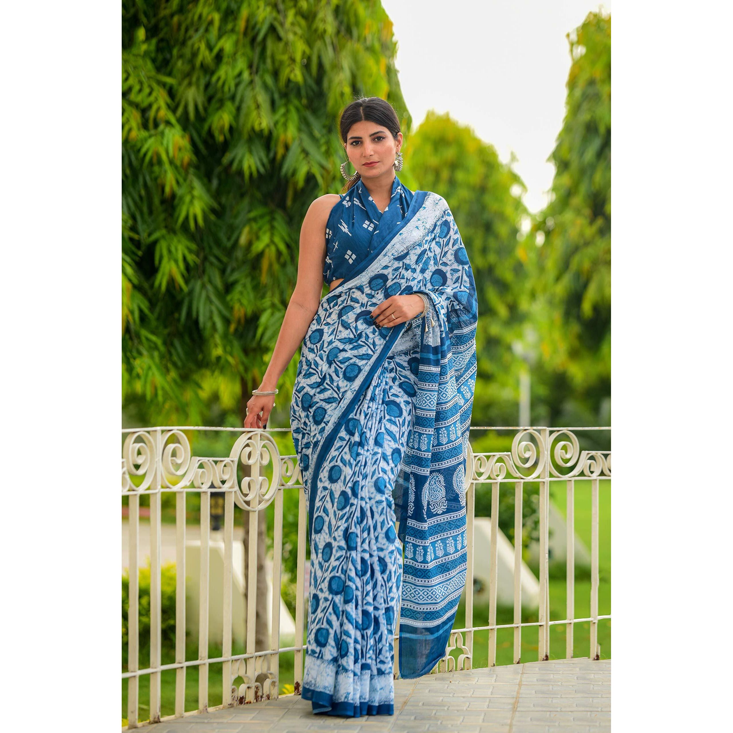 JALTHER Handicrafts Womens Ikat Hand Block Print Jaipuri Cotton Mulmul Saree with Blouse Piece - Blue