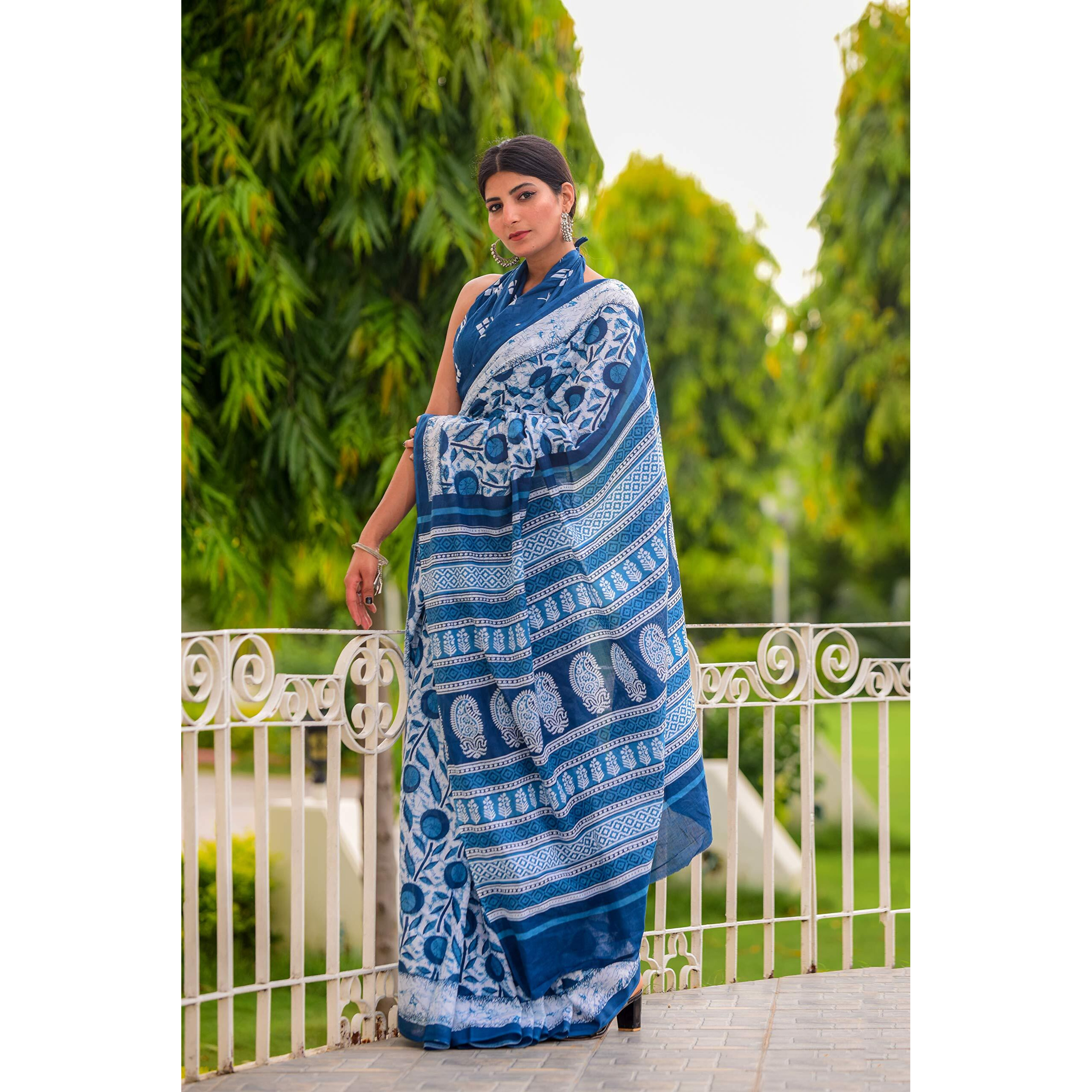 JALTHER Handicrafts Womens Ikat Hand Block Print Jaipuri Cotton Mulmul Saree with Blouse Piece - Blue