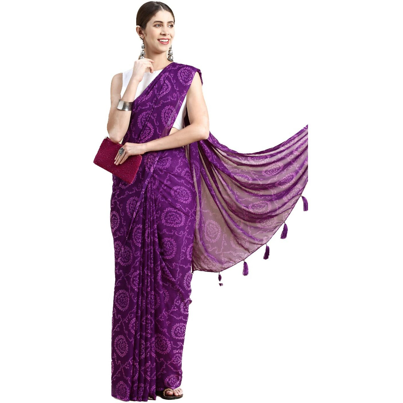 RANI SAAHIBA Womens Chiffon Bandhani Printed Saree Without Blouse (SSKR1961_Purple)