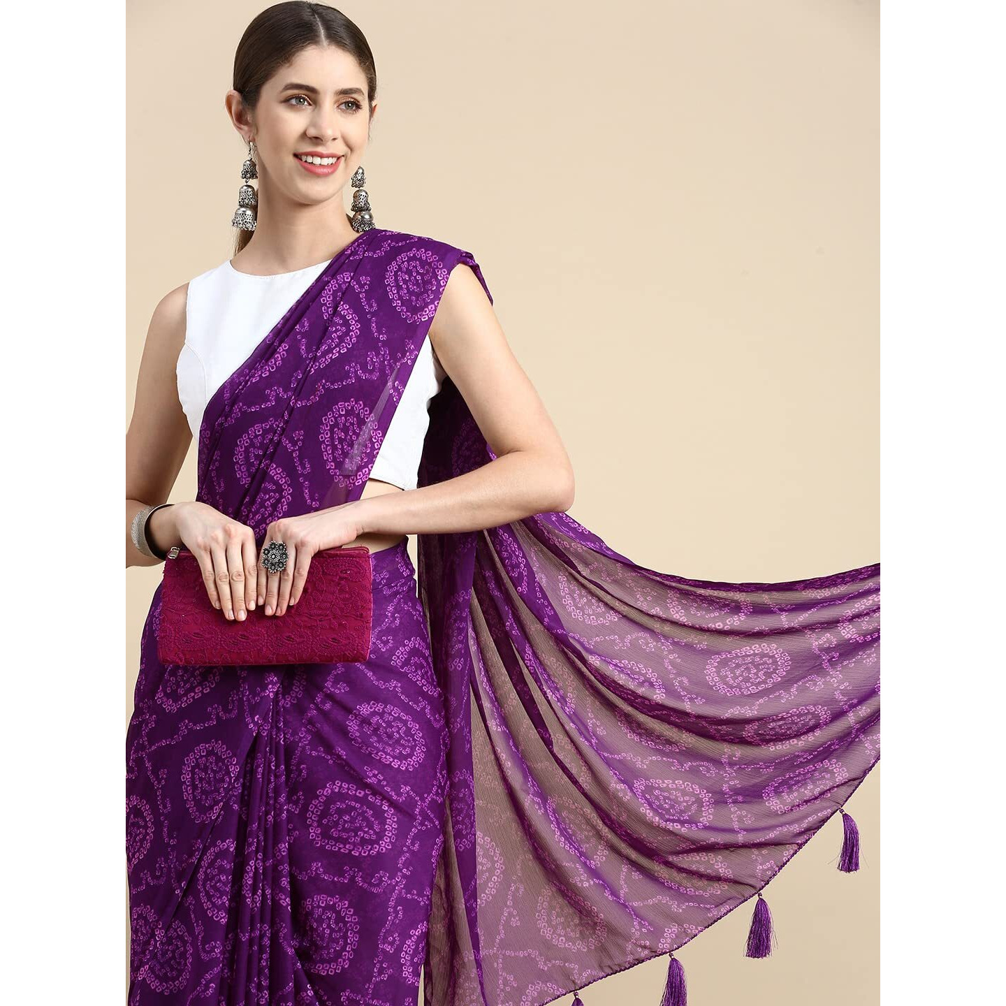 RANI SAAHIBA Womens Chiffon Bandhani Printed Saree Without Blouse (SSKR1961_Purple)