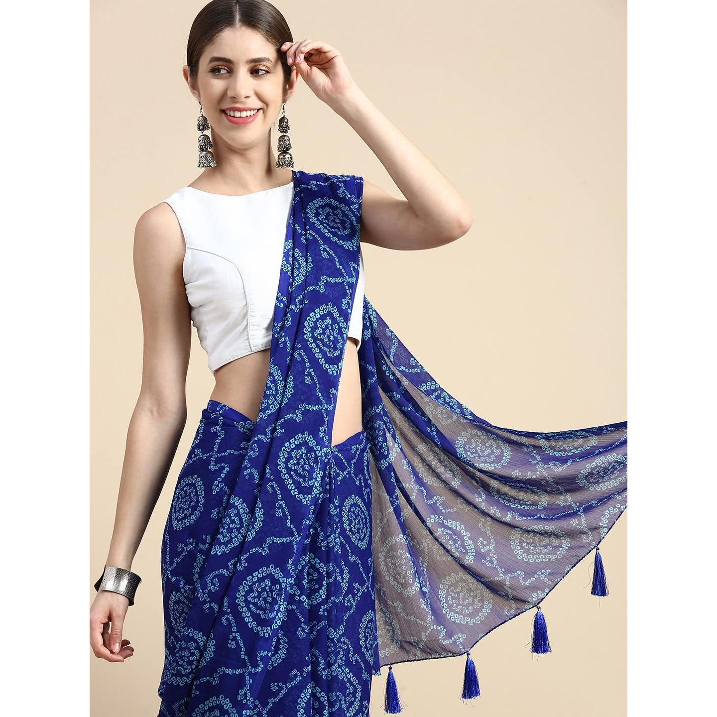 RANI SAAHIBA Womens Chiffon Bandhani Printed Saree Without Blouse (SSKR1958_Blue)
