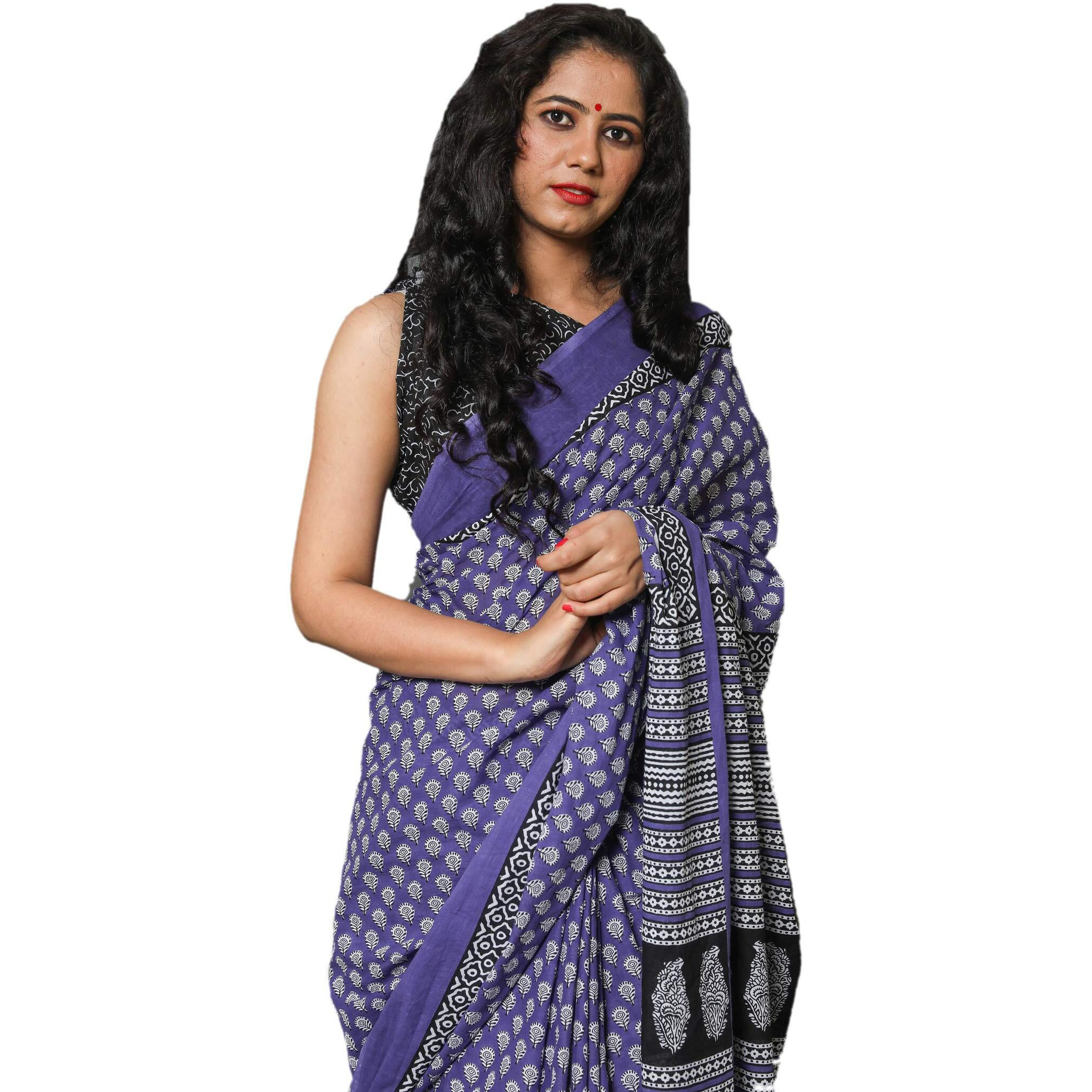 JALTHER Handicrafts Womens Ikat Hand Block Print Jaipuri Cotton Mulmul Saree with Blouse Piece - Purple