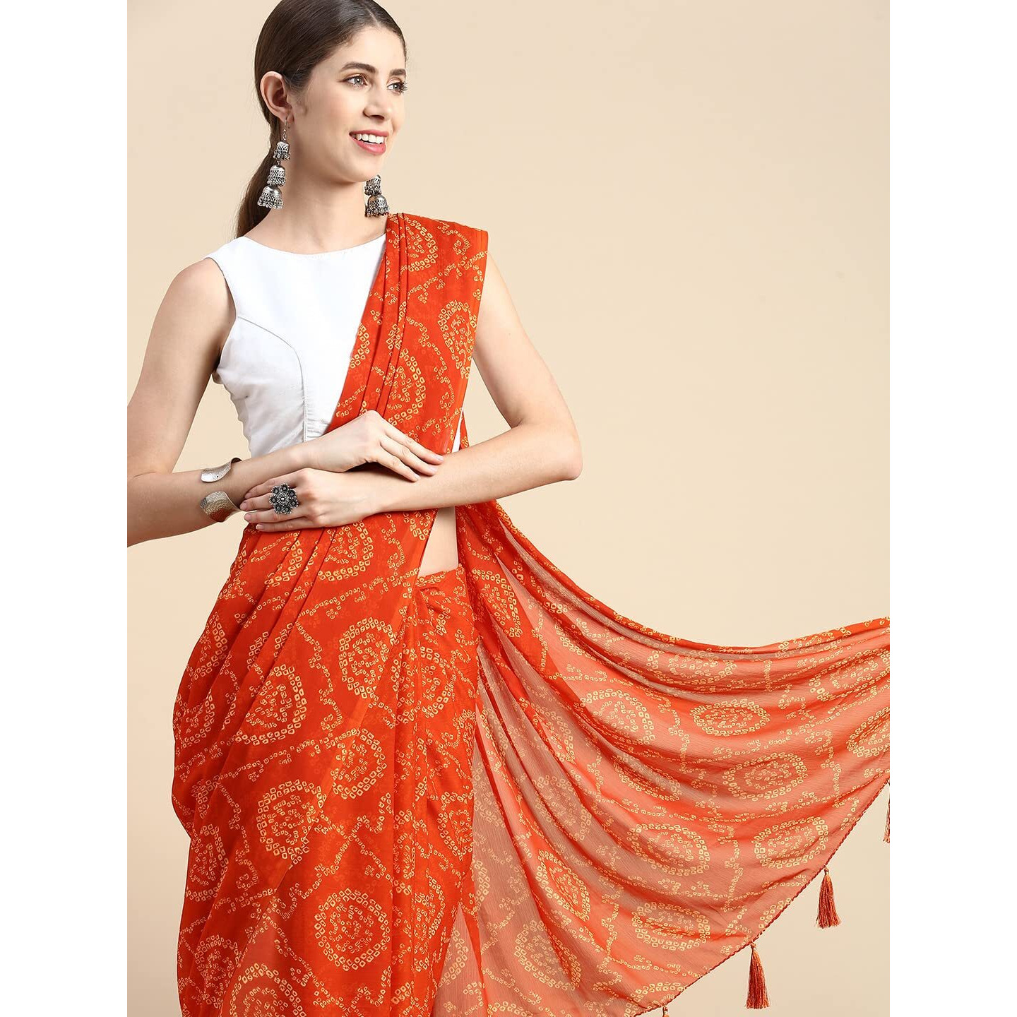 RANI SAAHIBA Womens Chiffon Bandhani Printed Saree Without Blouse (SSKR1955_Orange)