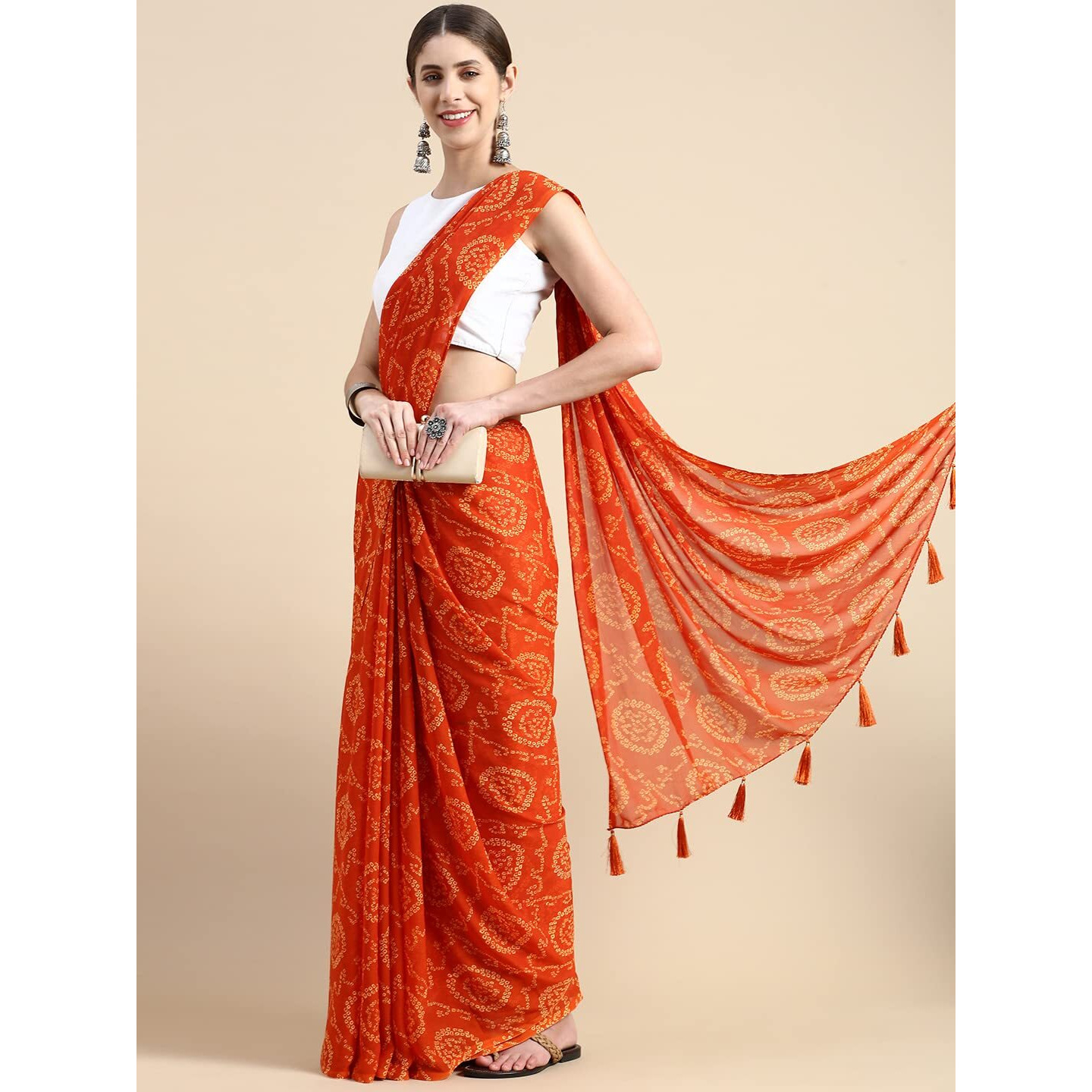 RANI SAAHIBA Womens Chiffon Bandhani Printed Saree Without Blouse (SSKR1955_Orange)