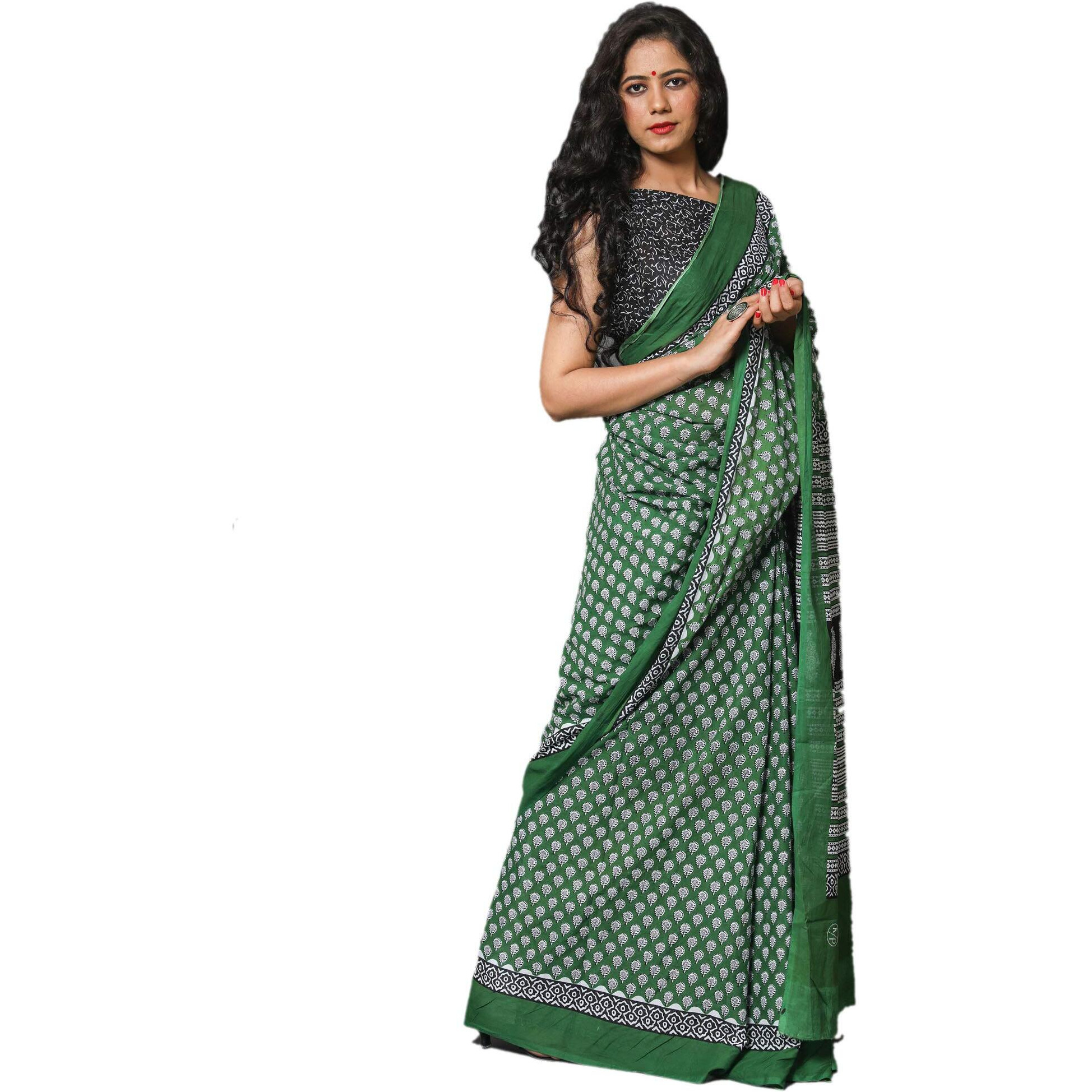 Jalther Handicrafts Womens Ikat Hand Block Print Jaipuri Cotton Mulmul Saree with Blouse Piece - Green