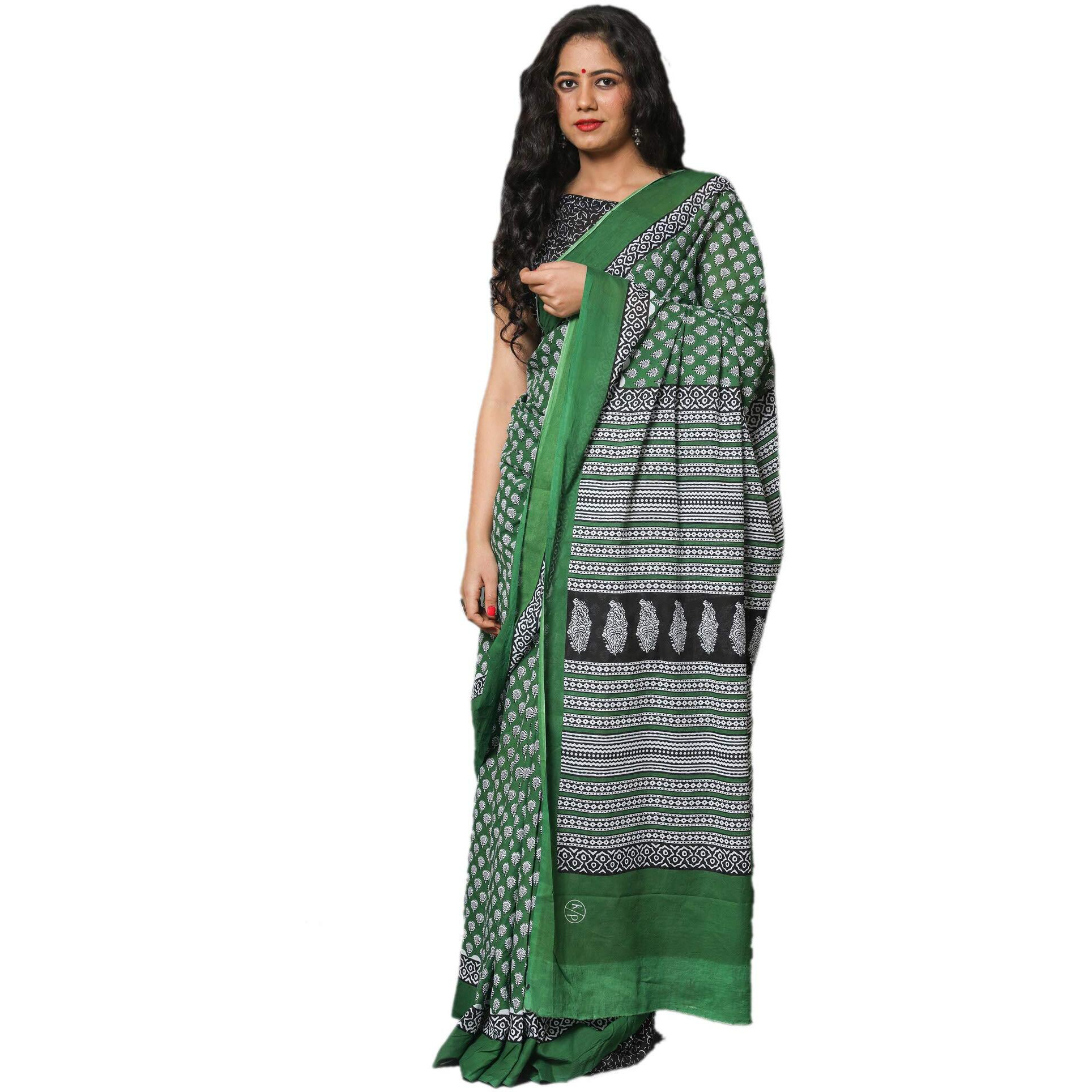 Jalther Handicrafts Womens Ikat Hand Block Print Jaipuri Cotton Mulmul Saree with Blouse Piece - Green