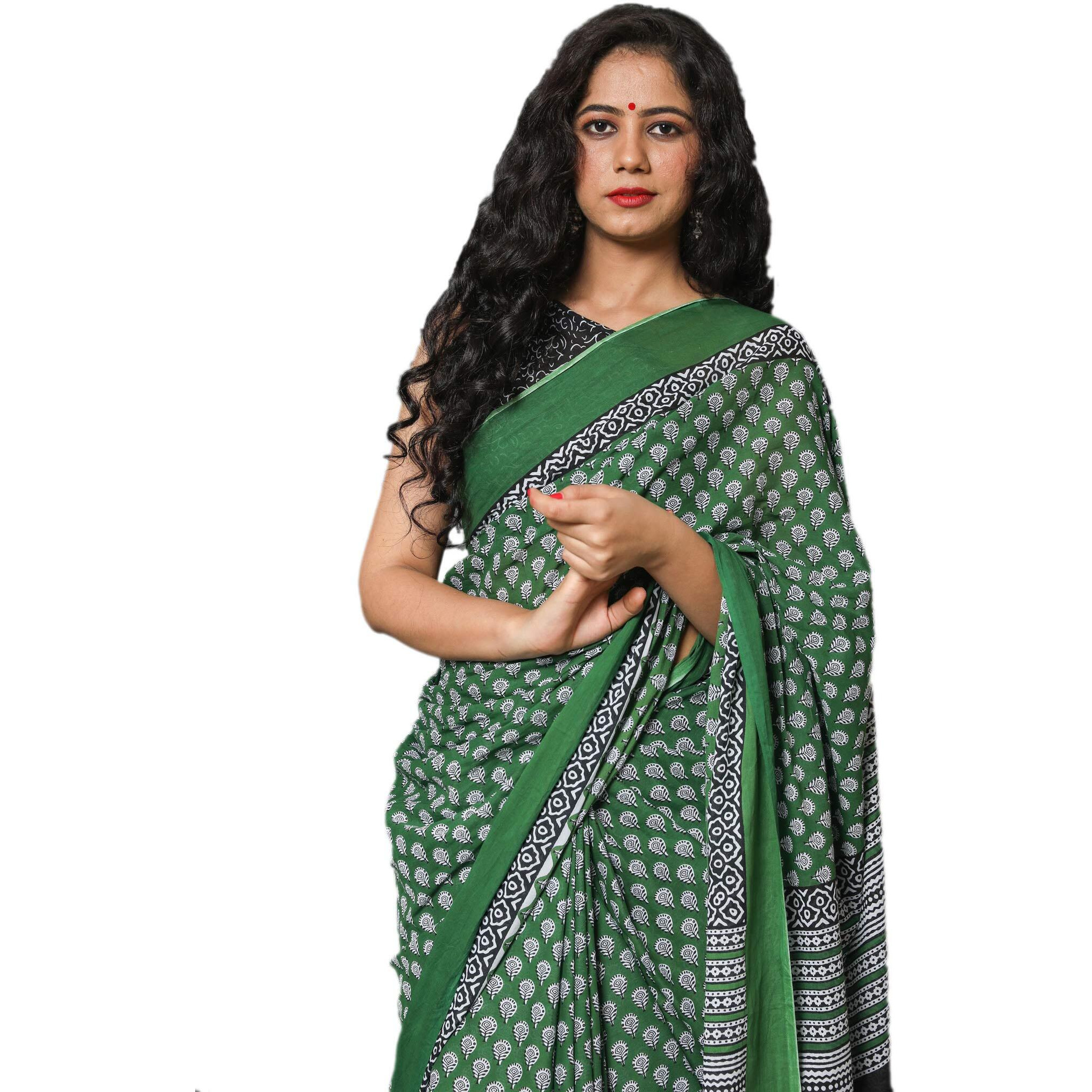 Jalther Handicrafts Womens Ikat Hand Block Print Jaipuri Cotton Mulmul Saree with Blouse Piece - Green