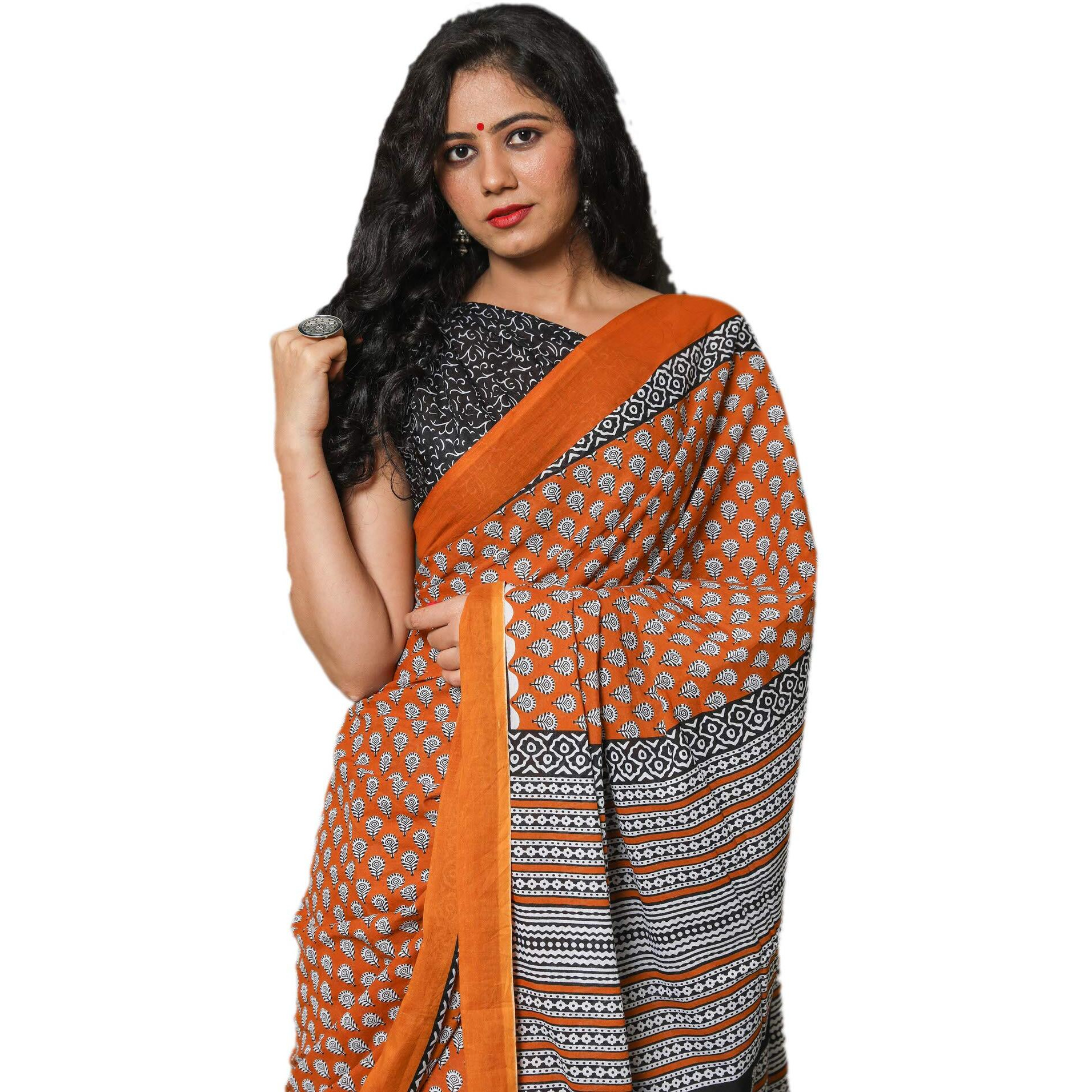 Jalther Handicrafts Womens Ikat Hand Block Print Jaipuri Cotton Mulmul Saree with Blouse Piece - Orange