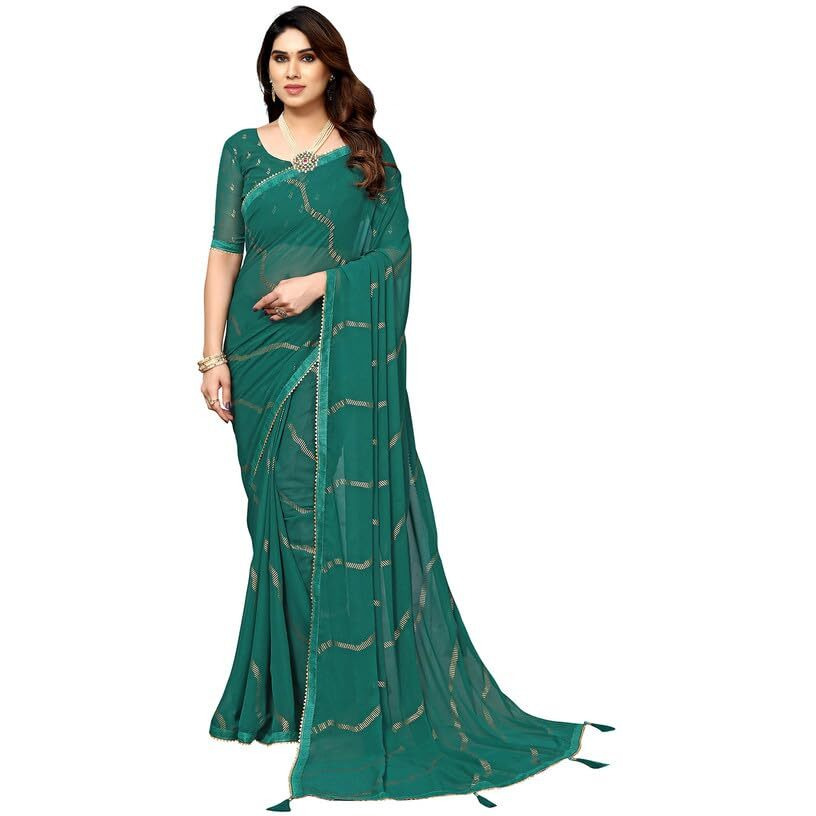 Satrani Womens Georgette Foil Printed & Lace Saree with Unstitched Blouse Piece (3184S2267NA_Green3)