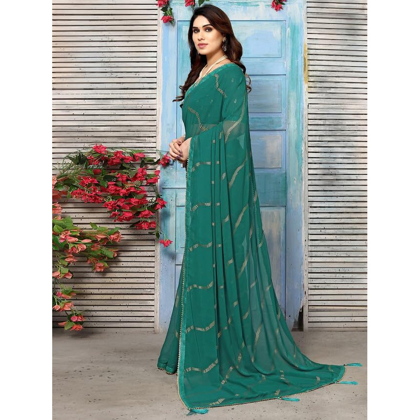 Satrani Womens Georgette Foil Printed & Lace Saree with Unstitched Blouse Piece (3184S2267NA_Green3)