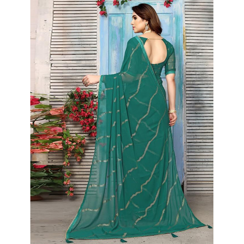 Satrani Womens Georgette Foil Printed & Lace Saree with Unstitched Blouse Piece (3184S2267NA_Green3)