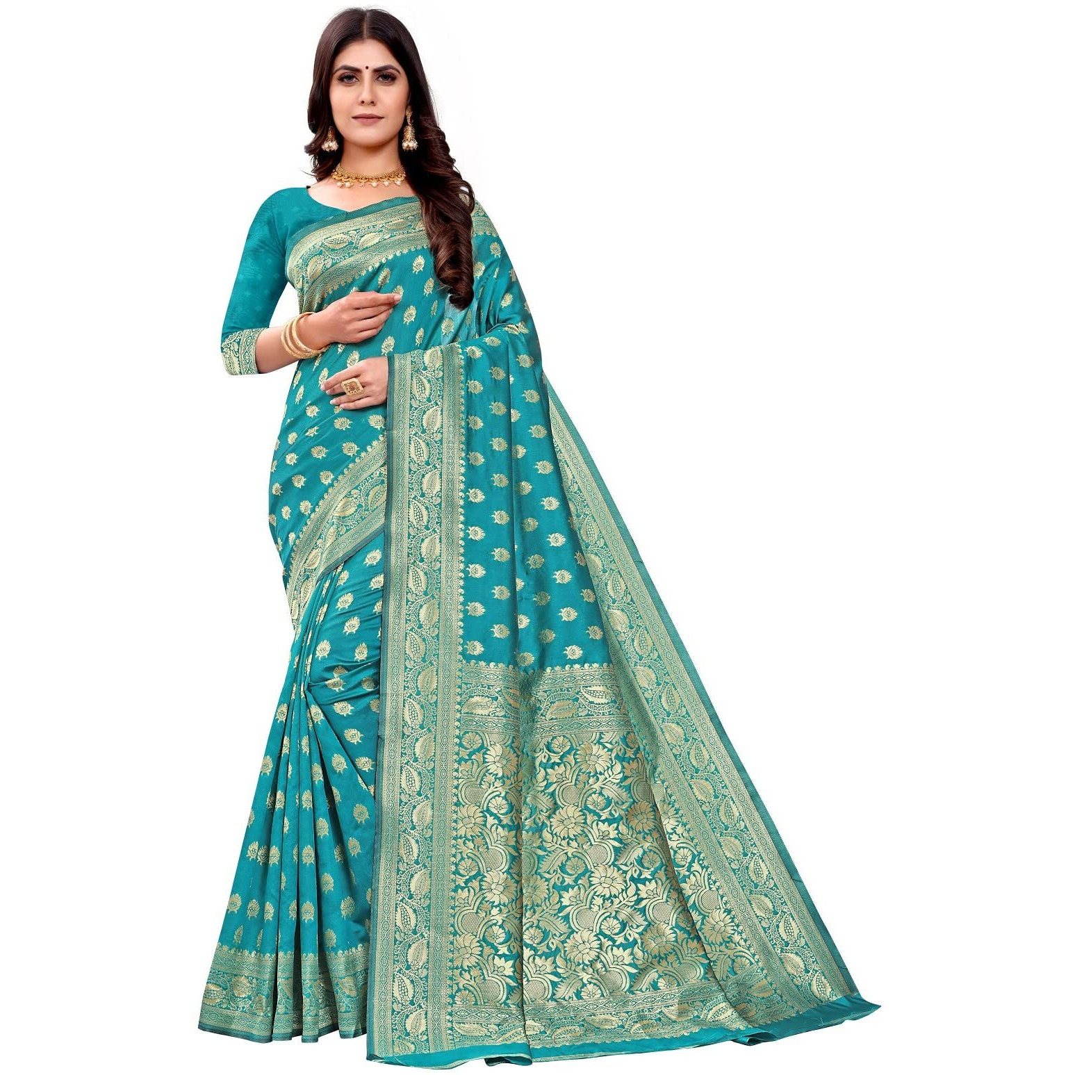 Sugathari Womens Banarasi Saree Pure Kanjivaram Silk Saree Soft new ladies 2023 Design Wear Pattu Sarees Latest Cotton Party Sari collections With Blouse Piece for Wedding sadi (PARI S-1 FIROZI)