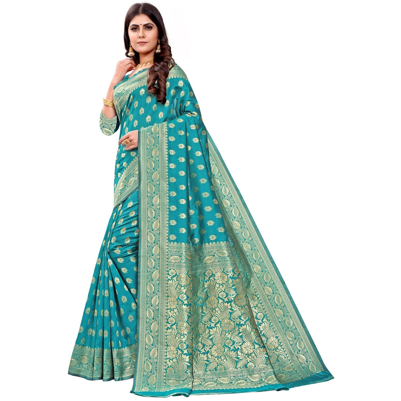 Sugathari Womens Banarasi Saree Pure Kanjivaram Silk Saree Soft new ladies 2023 Design Wear Pattu Sarees Latest Cotton Party Sari collections With Blouse Piece for Wedding sadi (PARI S-1 FIROZI)