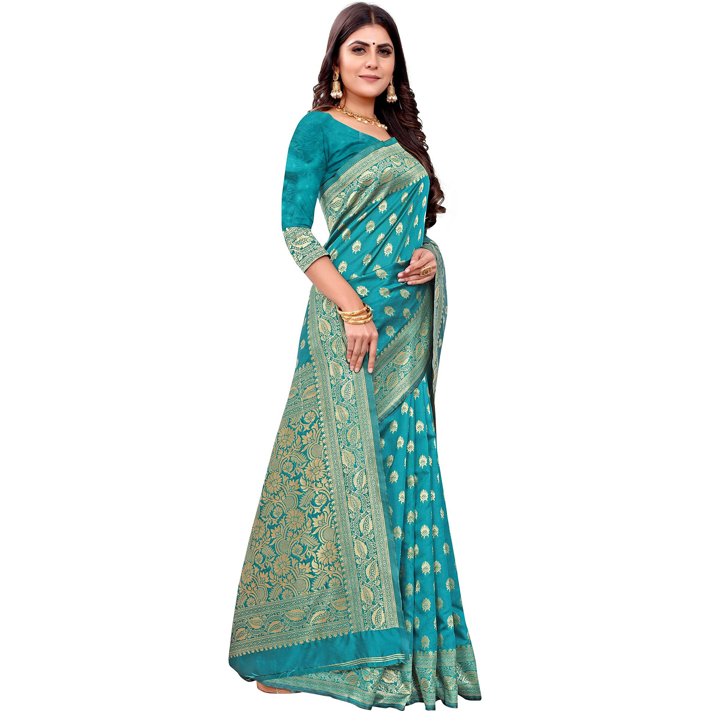 Sugathari Womens Banarasi Saree Pure Kanjivaram Silk Saree Soft new ladies 2023 Design Wear Pattu Sarees Latest Cotton Party Sari collections With Blouse Piece for Wedding sadi (PARI S-1 FIROZI)