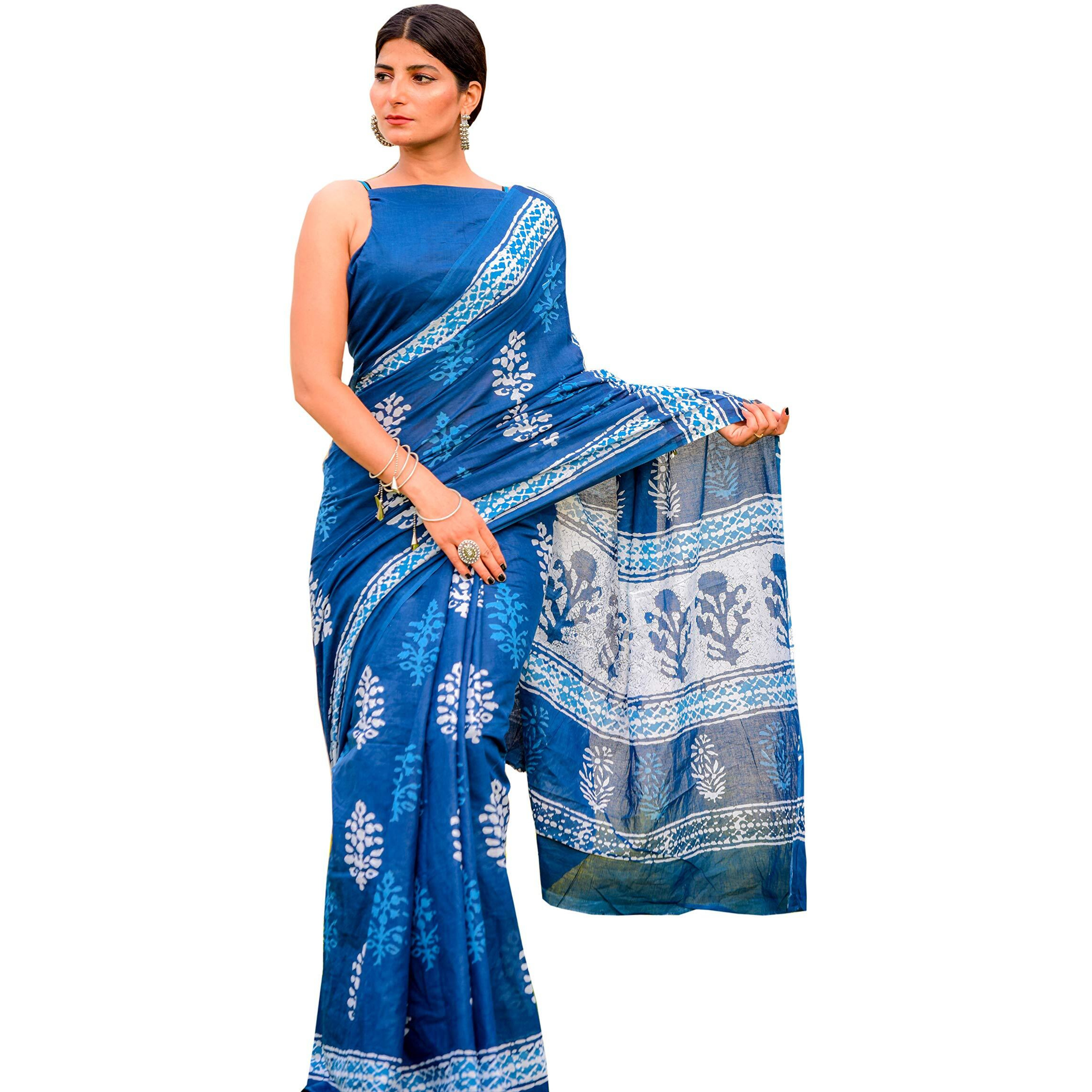 JALTHER Handicrafts Womens Ikat Hand Block Print Jaipuri Cotton Mulmul Saree with Blouse Piece - Blue