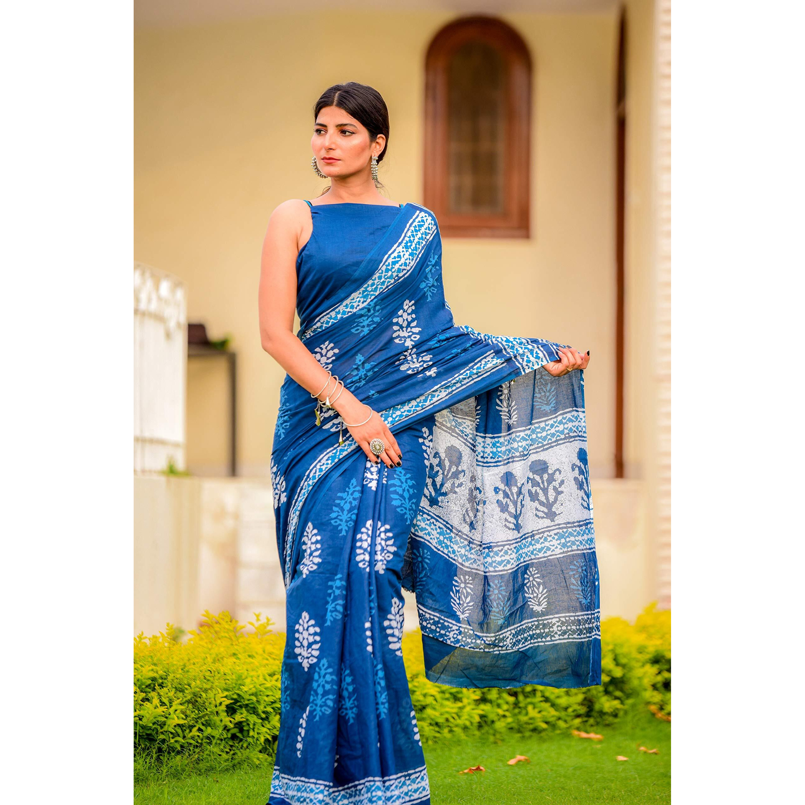 JALTHER Handicrafts Womens Ikat Hand Block Print Jaipuri Cotton Mulmul Saree with Blouse Piece - Blue
