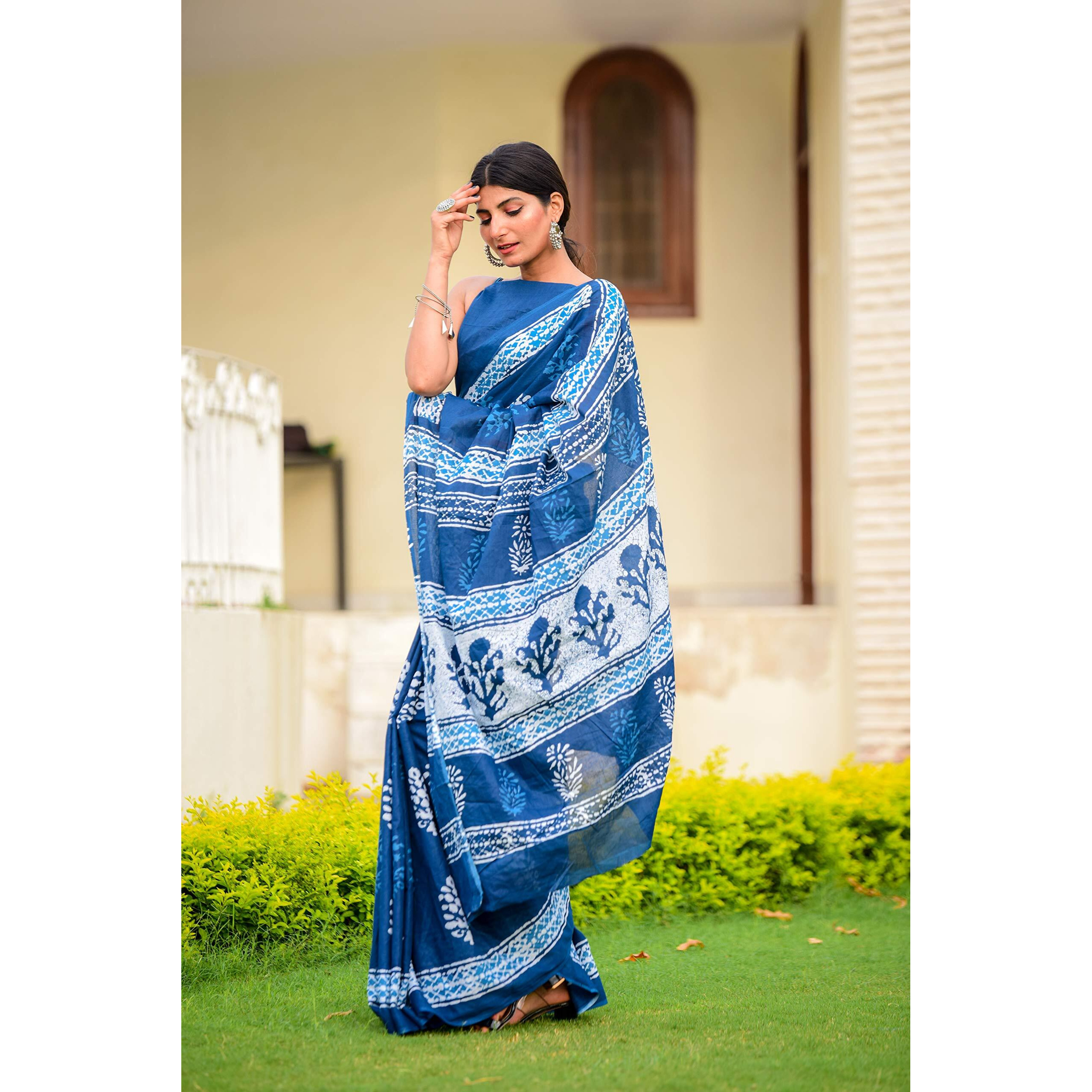 JALTHER Handicrafts Womens Ikat Hand Block Print Jaipuri Cotton Mulmul Saree with Blouse Piece - Blue