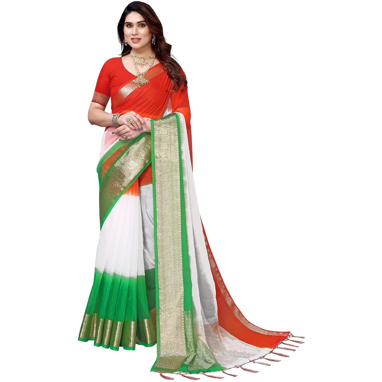 Satrani Womens Printed Organza Saree (3193S281NA_White & Green & Orange)