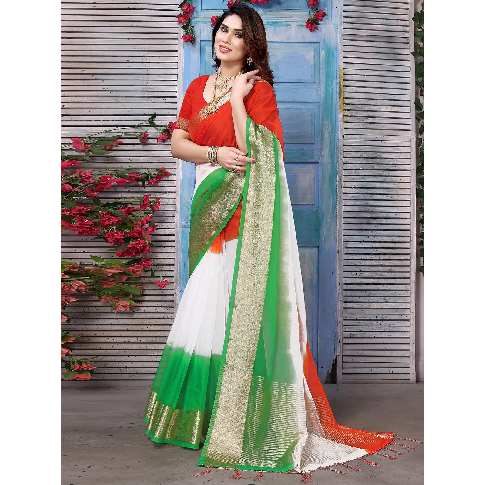 Satrani Womens Printed Organza Saree (3193S281NA_White & Green & Orange)