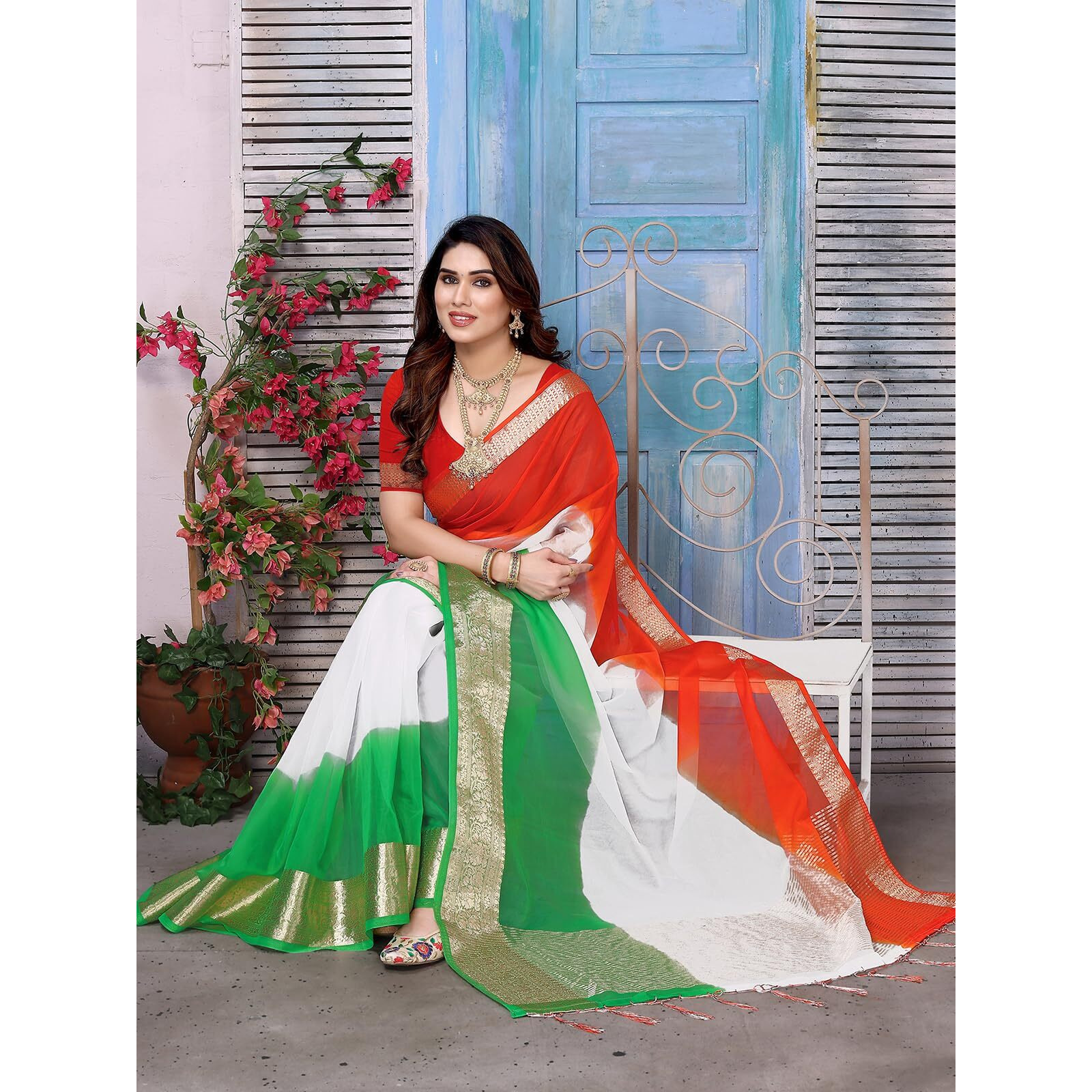 Satrani Womens Printed Organza Saree (3193S281NA_White & Green & Orange)