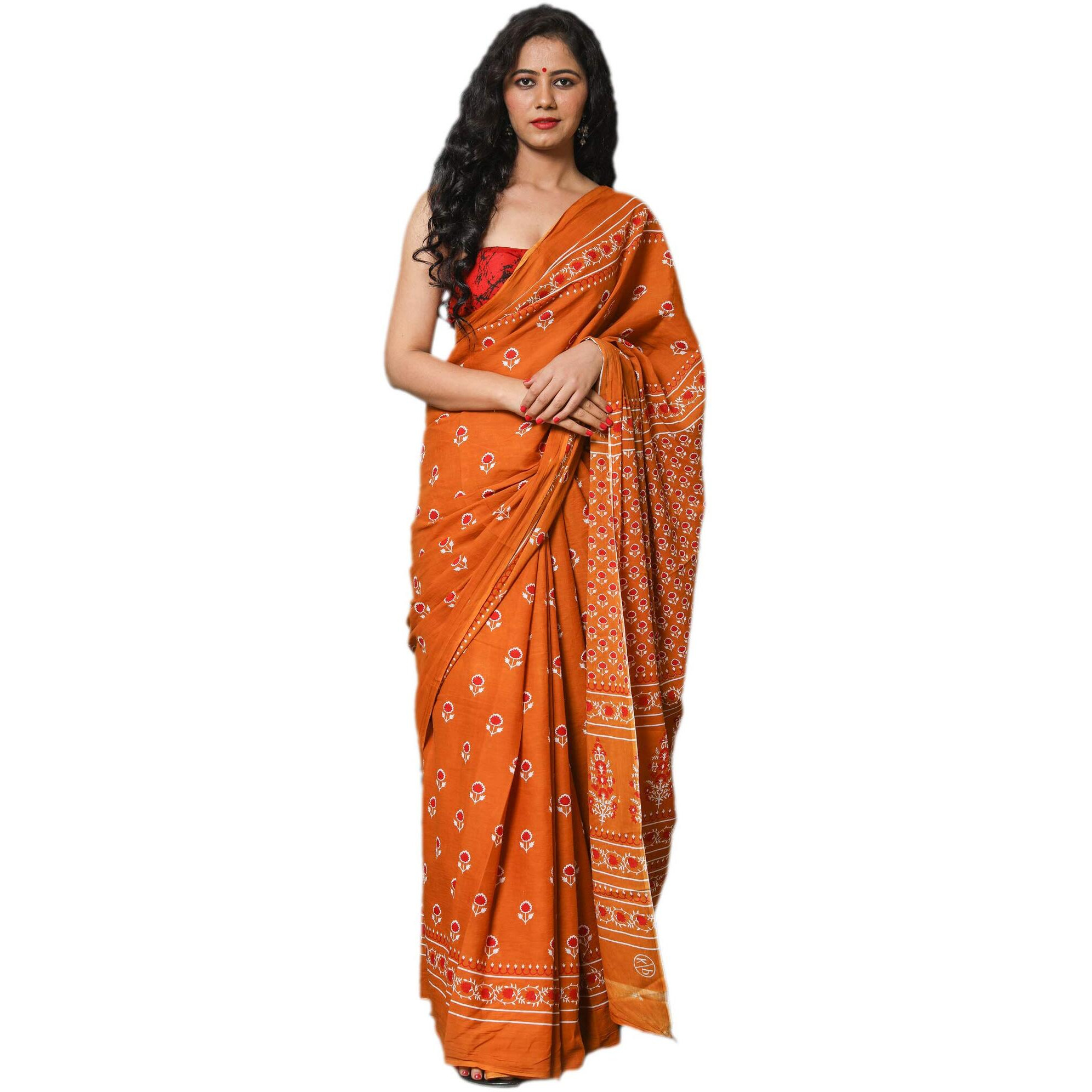 JALTHER Handicrafts Womens Ikat Hand Block Print Jaipuri Cotton Mulmul Saree with Blouse Piece - Orange