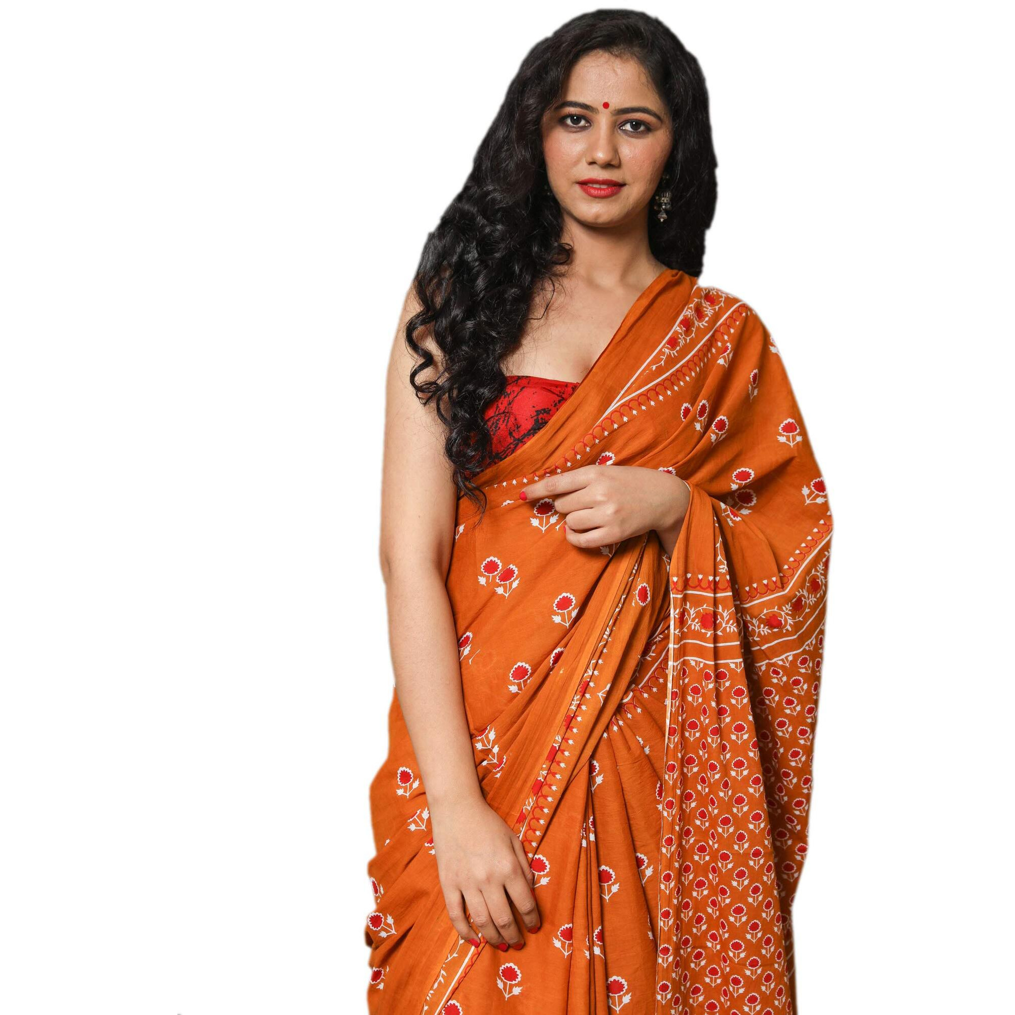 JALTHER Handicrafts Womens Ikat Hand Block Print Jaipuri Cotton Mulmul Saree with Blouse Piece - Orange
