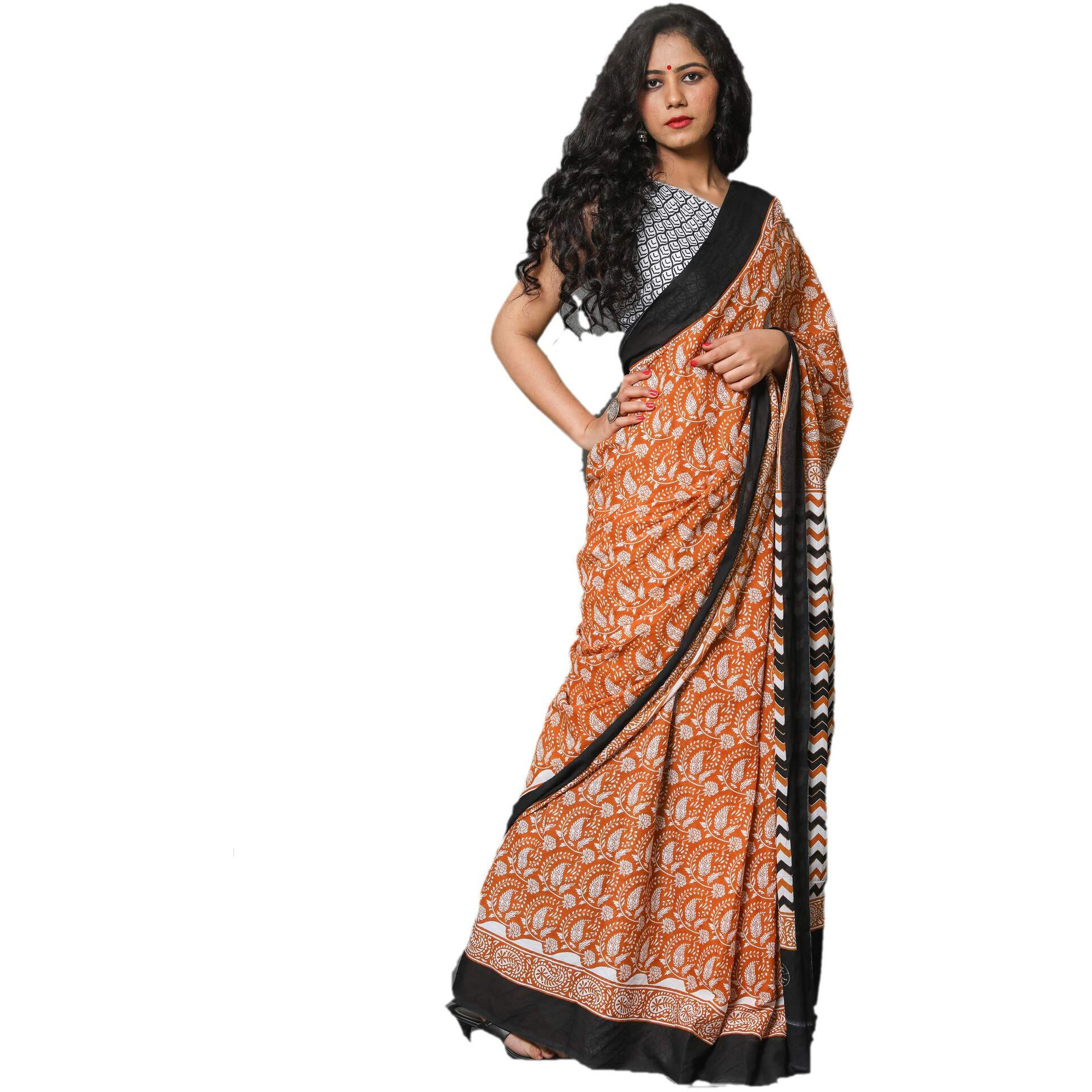 JALTHER Handicrafts Womens Ikat Hand Block Print Jaipuri Cotton Mulmul Saree with Blouse Piece - Mustred