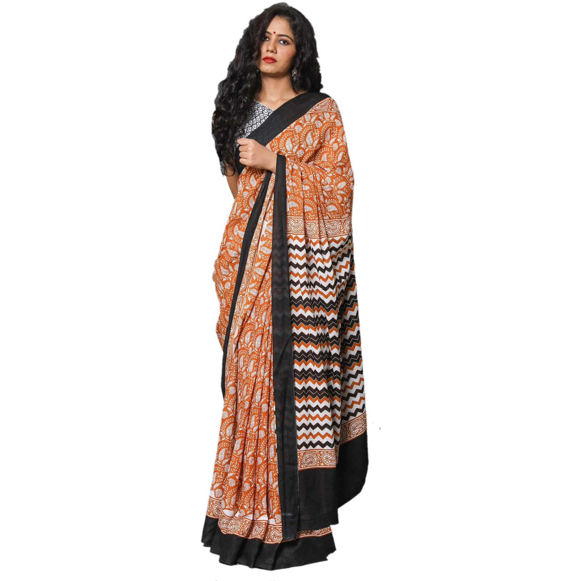 JALTHER Handicrafts Womens Ikat Hand Block Print Jaipuri Cotton Mulmul Saree with Blouse Piece - Mustred
