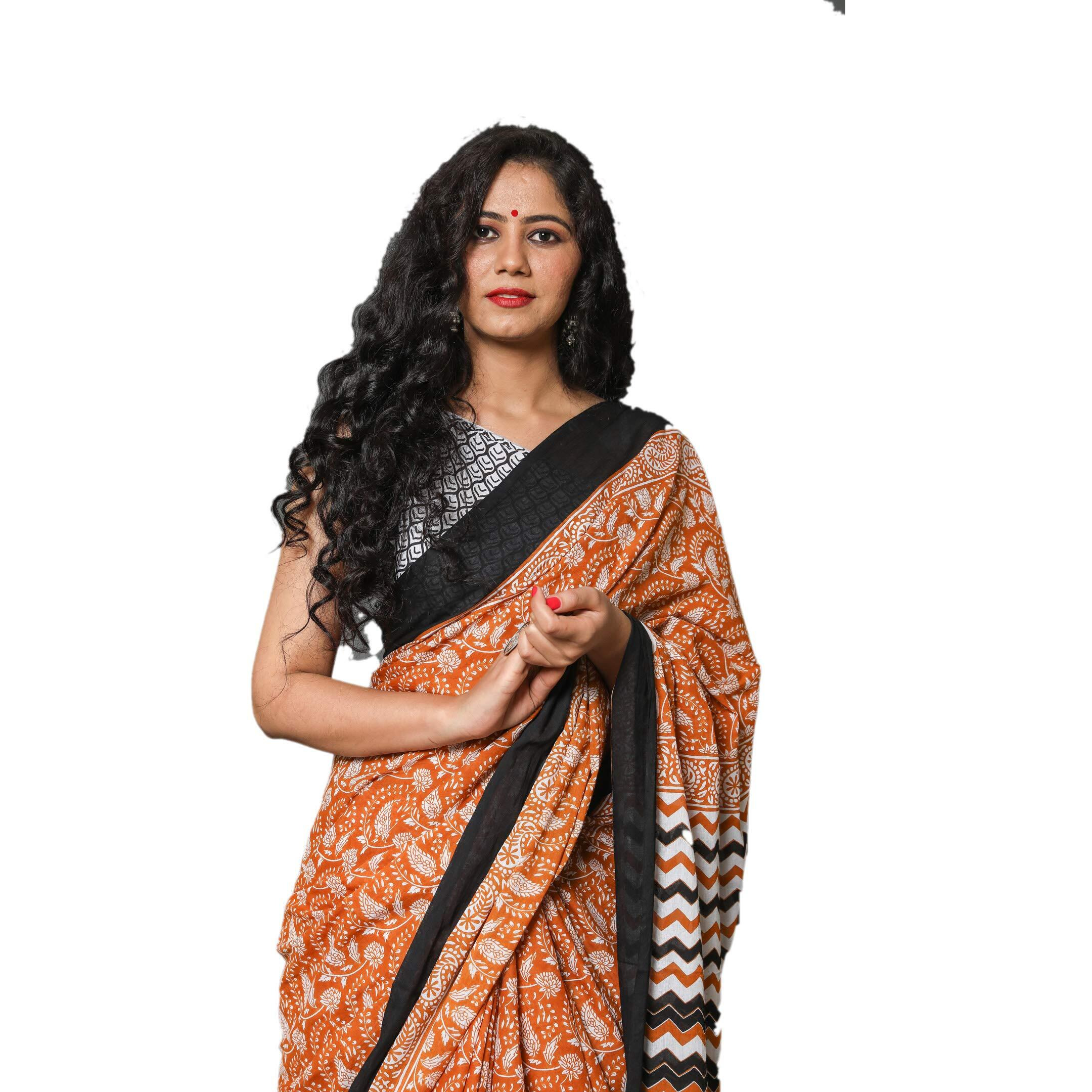 JALTHER Handicrafts Womens Ikat Hand Block Print Jaipuri Cotton Mulmul Saree with Blouse Piece - Mustred