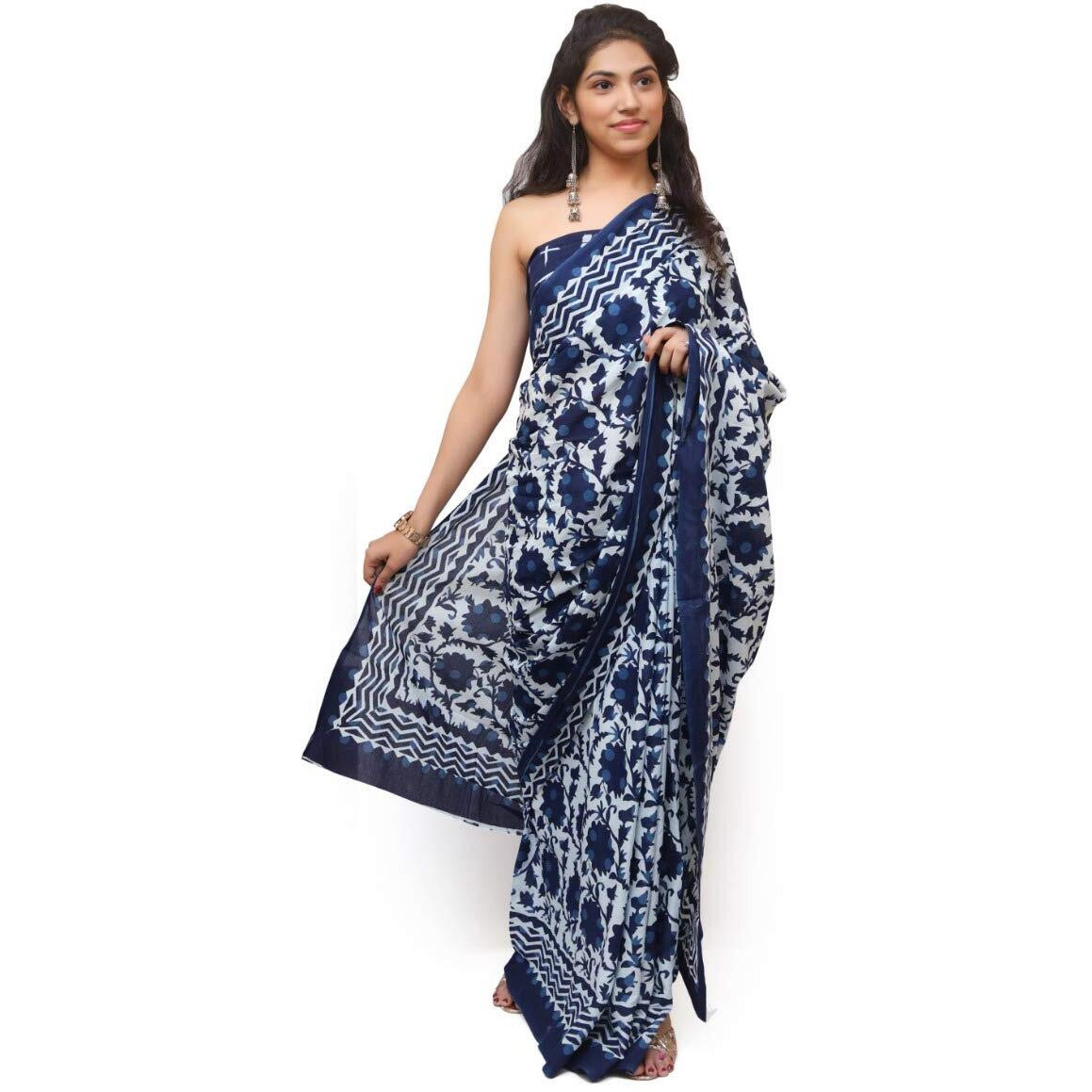 Jalther Handicrafts Womens Ikat Hand Block Print Jaipuri Cotton Mulmul Saree with Blouse Piece - Blue