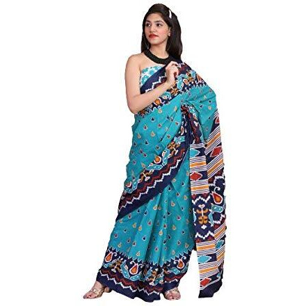 Jalther Handicrafts Womens Ikat Hand Block Print Jaipuri Cotton Mulmul Saree with Blouse Piece - Multi