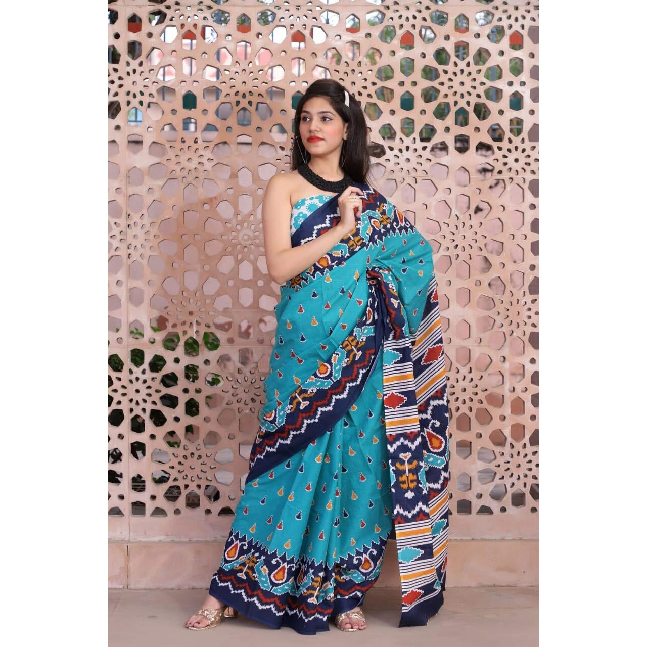 Jalther Handicrafts Womens Ikat Hand Block Print Jaipuri Cotton Mulmul Saree with Blouse Piece - Multi