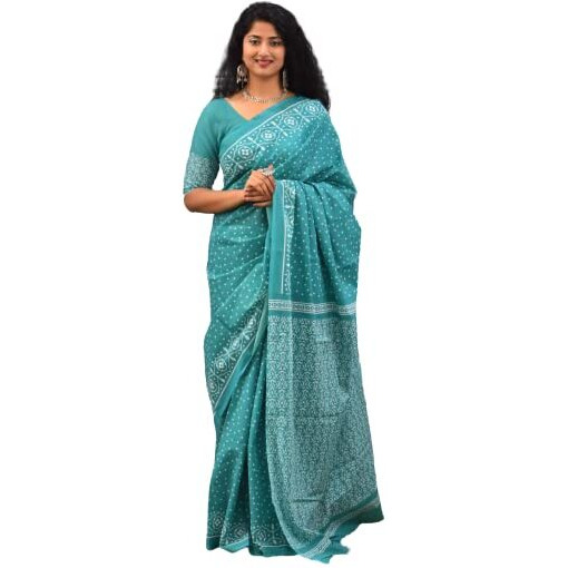 Jalther Handicrafts Womens Ikat Hand Block Print Jaipuri Cotton Mulmul Saree with Blouse Piece - Multicolor