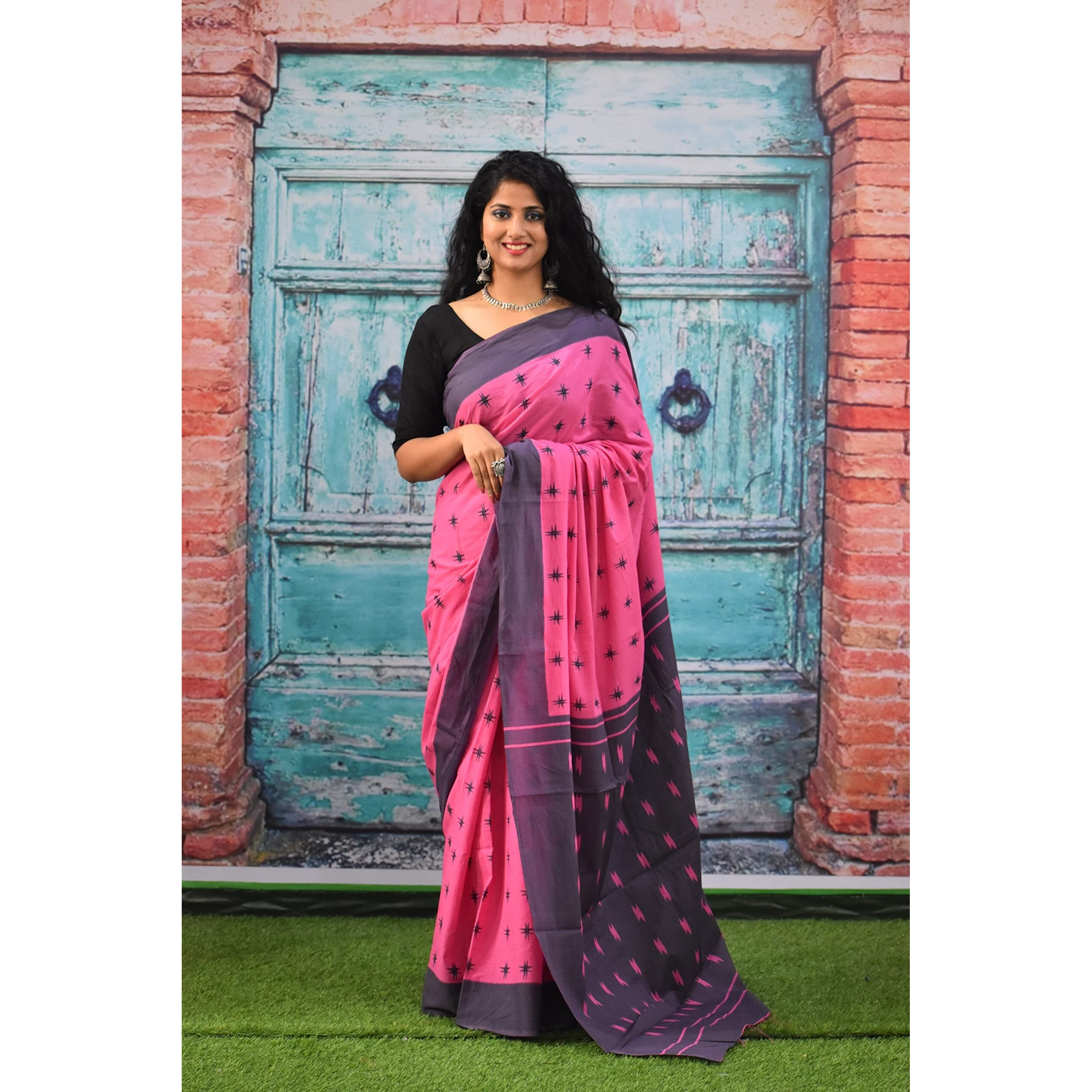 JALTHER Handicrafts Womens Hand Block Kalamkari Batik Bagru Jaipuri Ikat Printed Handloom Pure Cotton Mulmul Traditional Ethnic Cotton Sarees With Printed Blouse Piece - Pink