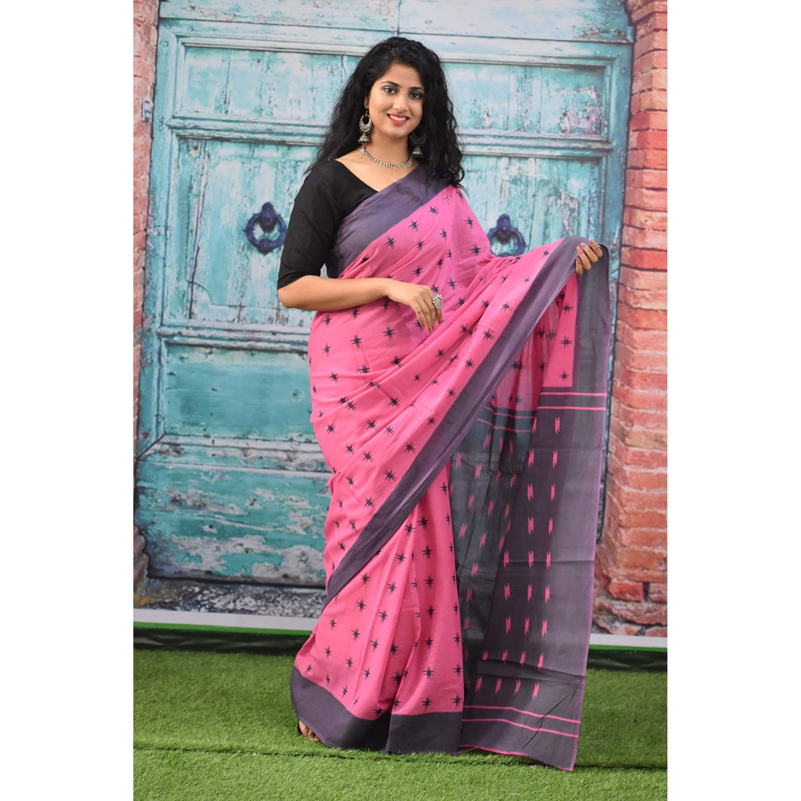 JALTHER Handicrafts Womens Hand Block Kalamkari Batik Bagru Jaipuri Ikat Printed Handloom Pure Cotton Mulmul Traditional Ethnic Cotton Sarees With Printed Blouse Piece - Pink