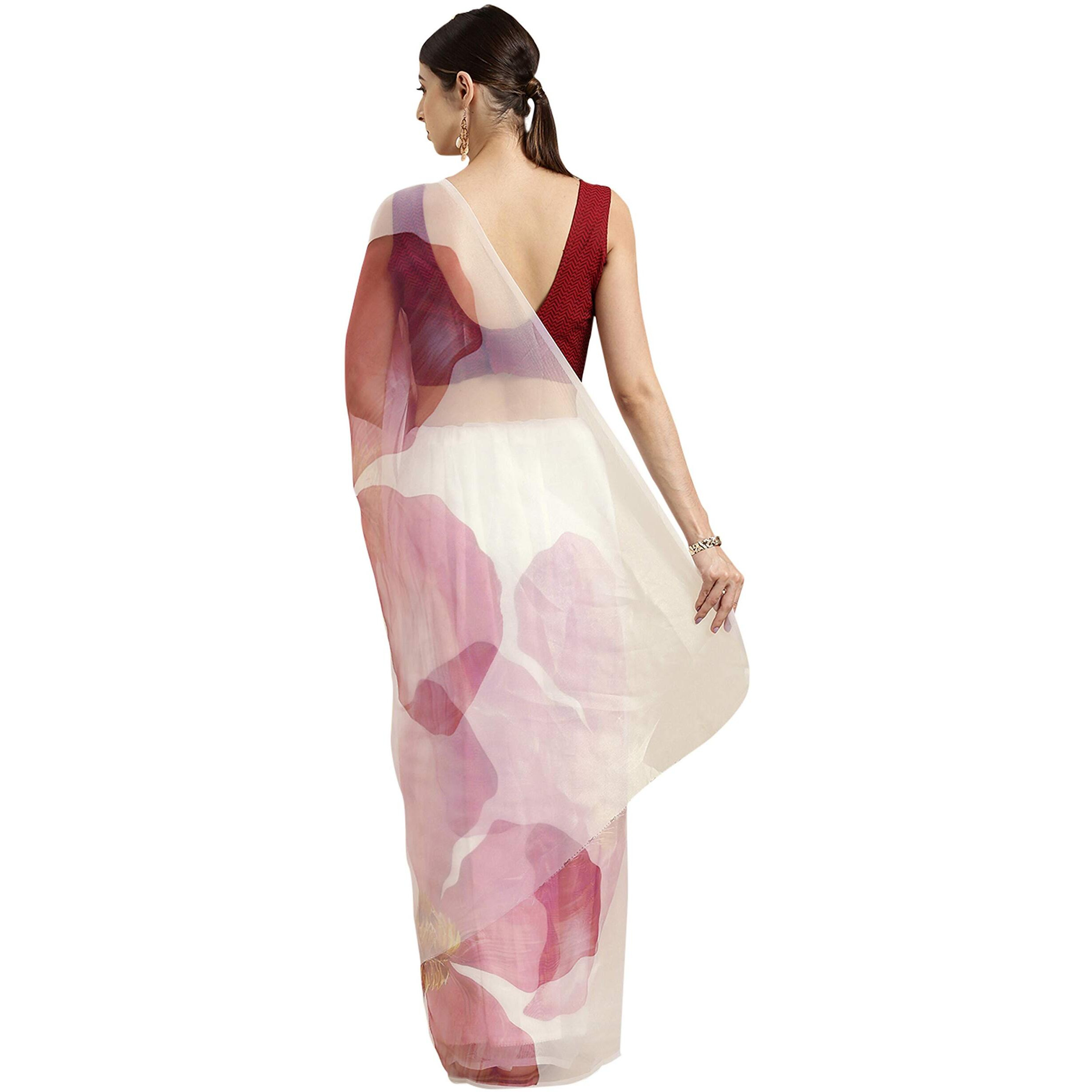 Womanista Womens Crepe Saree with Blouse Piece (WM1312_Off White & Pink_Onesize_Off White, Pink)