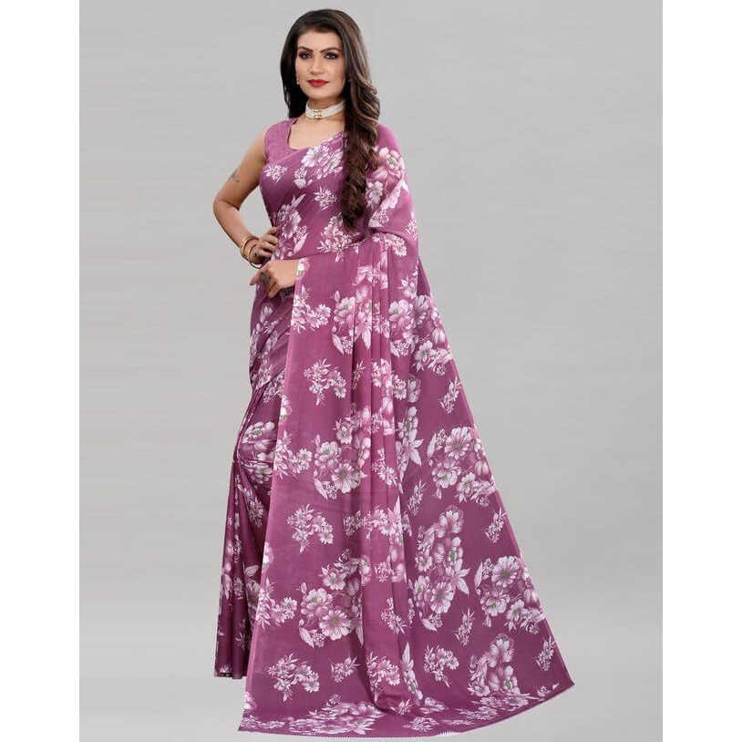 Satrani Womens Pure Georgette Saree (2024S566N_3112S2156N_Mauve Purple | Brown)