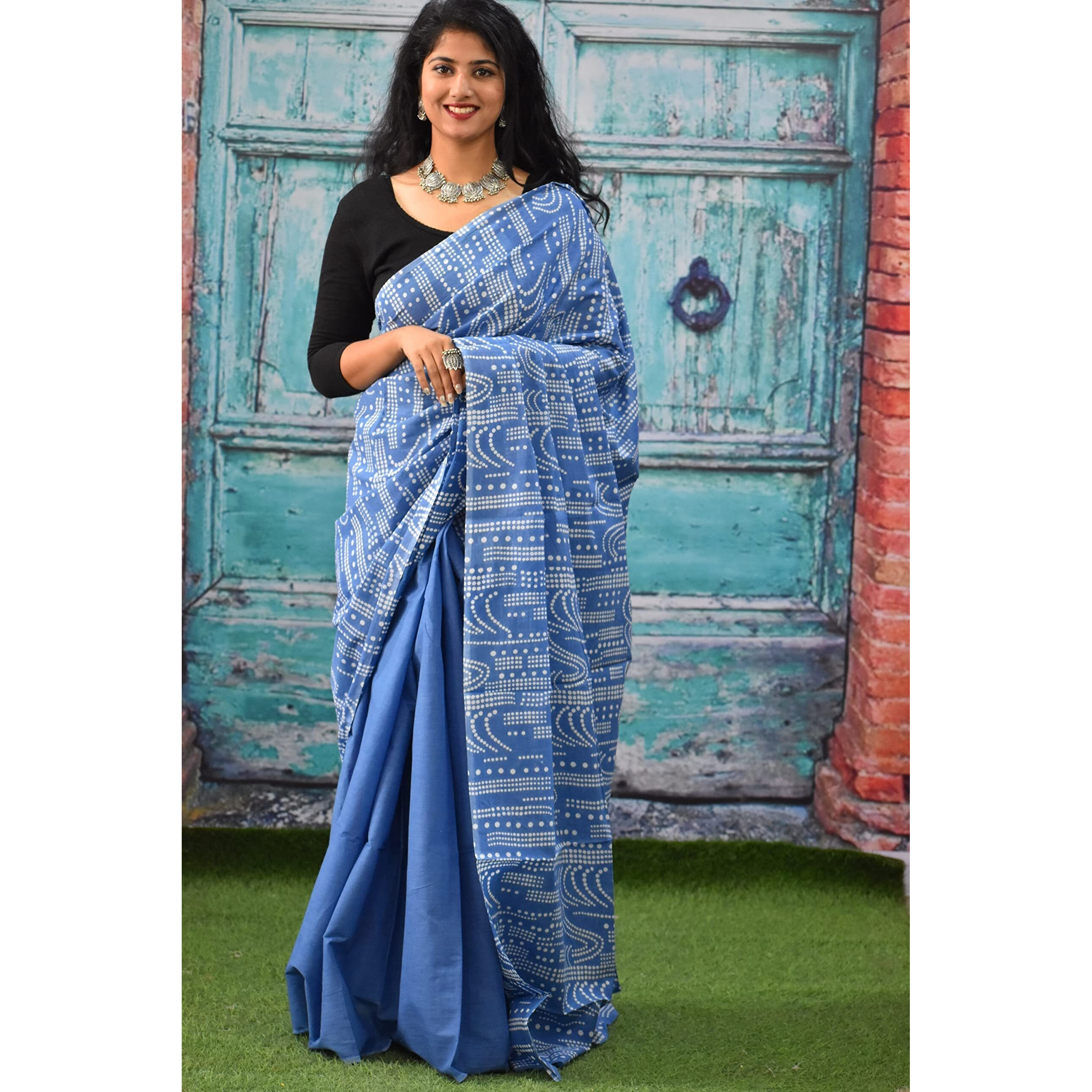 Jalther Handicrafts Womens Ikat Hand Block Print Jaipuri Cotton Mulmul Saree with Blouse Piece - Red