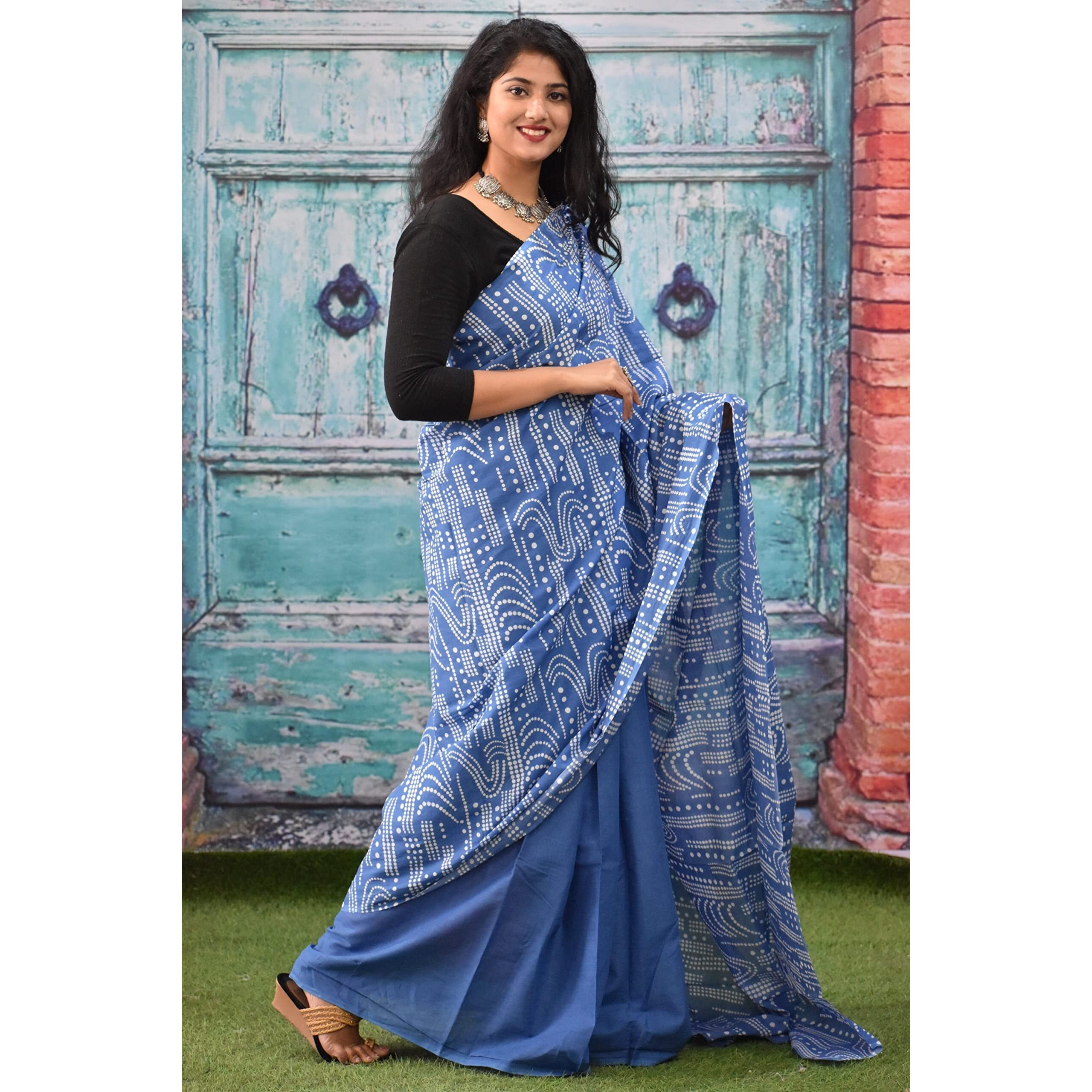 Jalther Handicrafts Womens Ikat Hand Block Print Jaipuri Cotton Mulmul Saree with Blouse Piece - Red