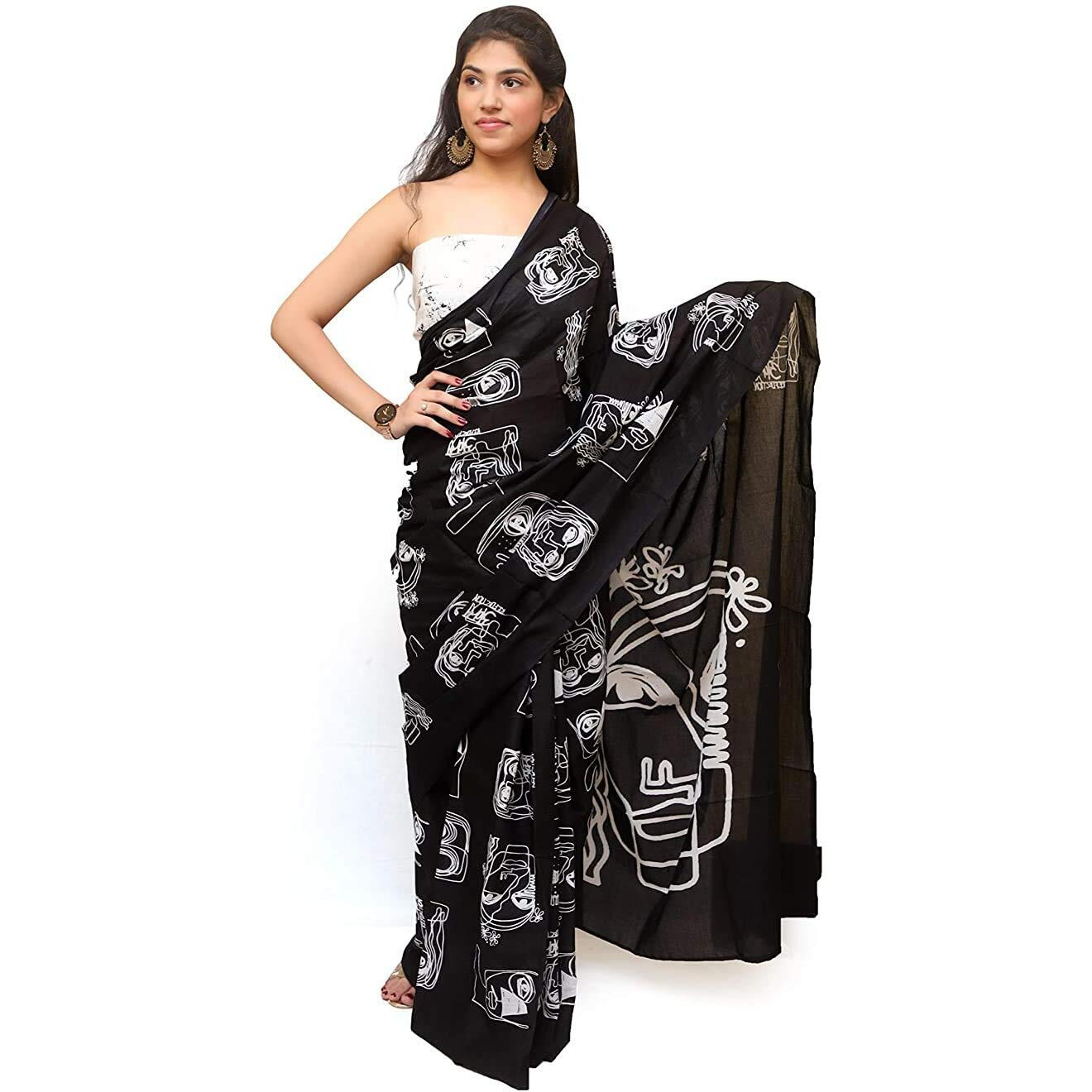 Jalther Handicrafts Womens Ikat Hand Block Print Jaipuri Cotton Mulmul Saree with Blouse Piece Black