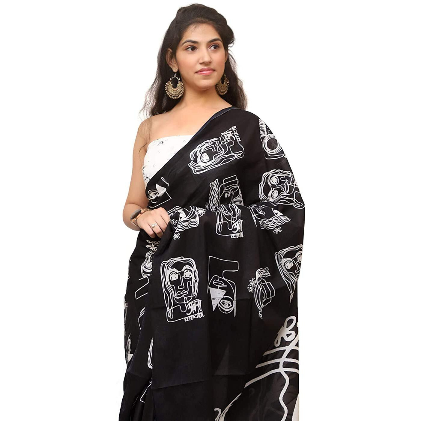Jalther Handicrafts Womens Ikat Hand Block Print Jaipuri Cotton Mulmul Saree with Blouse Piece Black