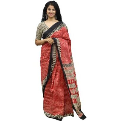 Jalther Handicrafts Womens Ikat Hand Block Print Jaipuri Cotton Mulmul Saree with Blouse Piece - Red