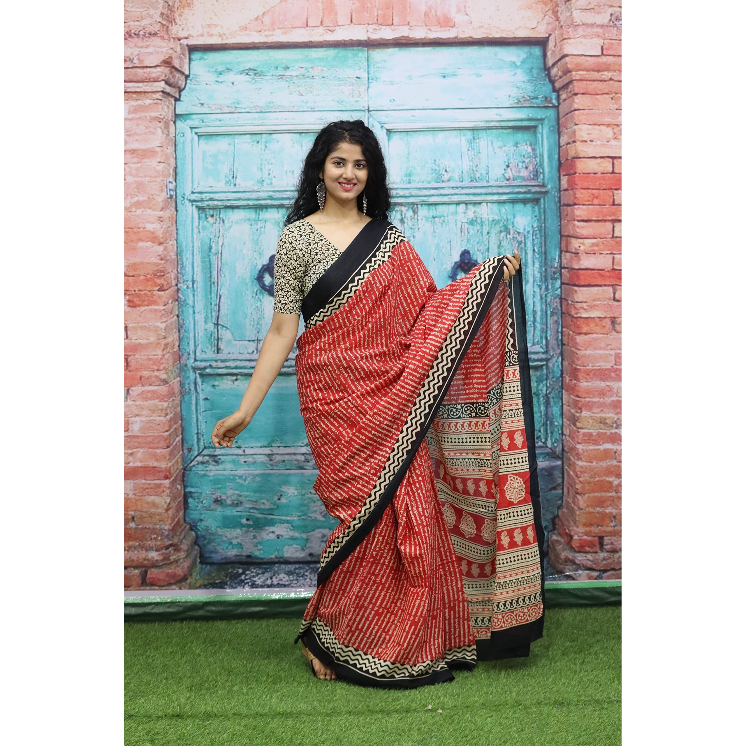 Jalther Handicrafts Womens Ikat Hand Block Print Jaipuri Cotton Mulmul Saree with Blouse Piece - Red